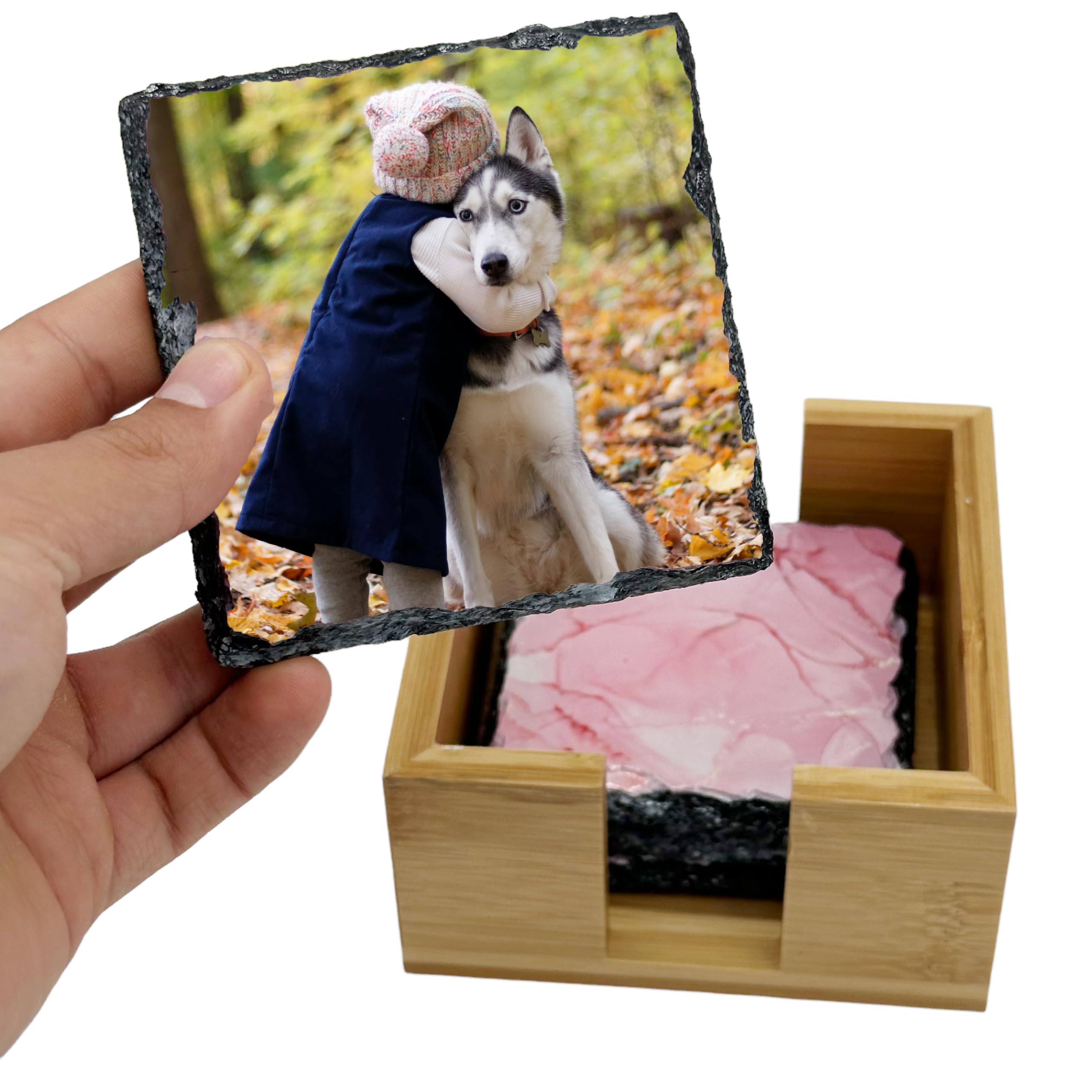 PERSONALISED Rock SLATE Coaster (4 Pack) 9 x 9cm ANY PHOTO Any Text, Custom Handmade Gift Bamboo Holder Included