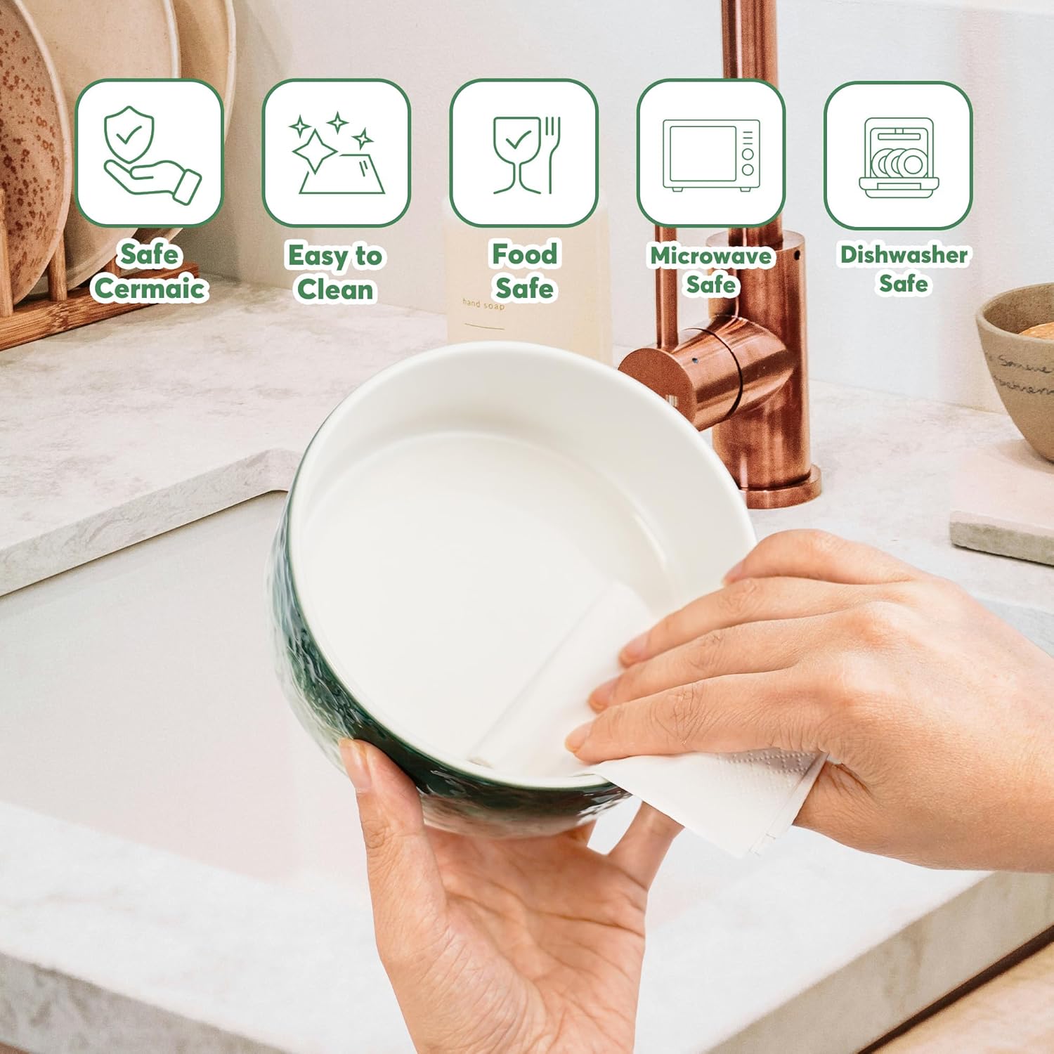 YOBRO Elegant Dog Bowls Set for Medium Dogs, Beautiful Ceramic Stone Alike Style, Pet Bowl Set with Wooden Stand, Non-Slip, Modern Food or Water Breeds Dishs, Gifts for Dog Owners, Green