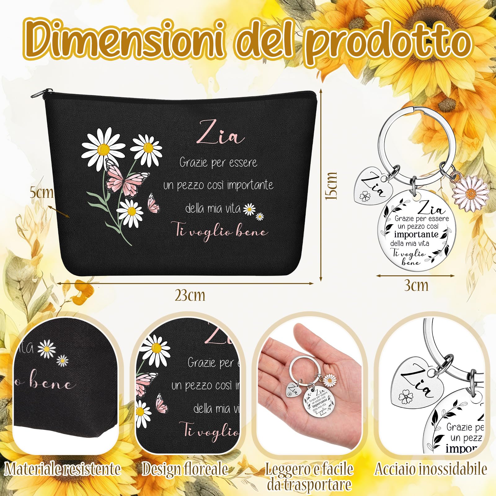 2 Pezzi Regalo per Zia Pochette Portatrucchi Portachiavi Ciondolo per Zia Compleanno Trousse per Cosmetici Borsa da Trucchi Floreale Regalini da Nipote per Donna Festa Natale(Nero)