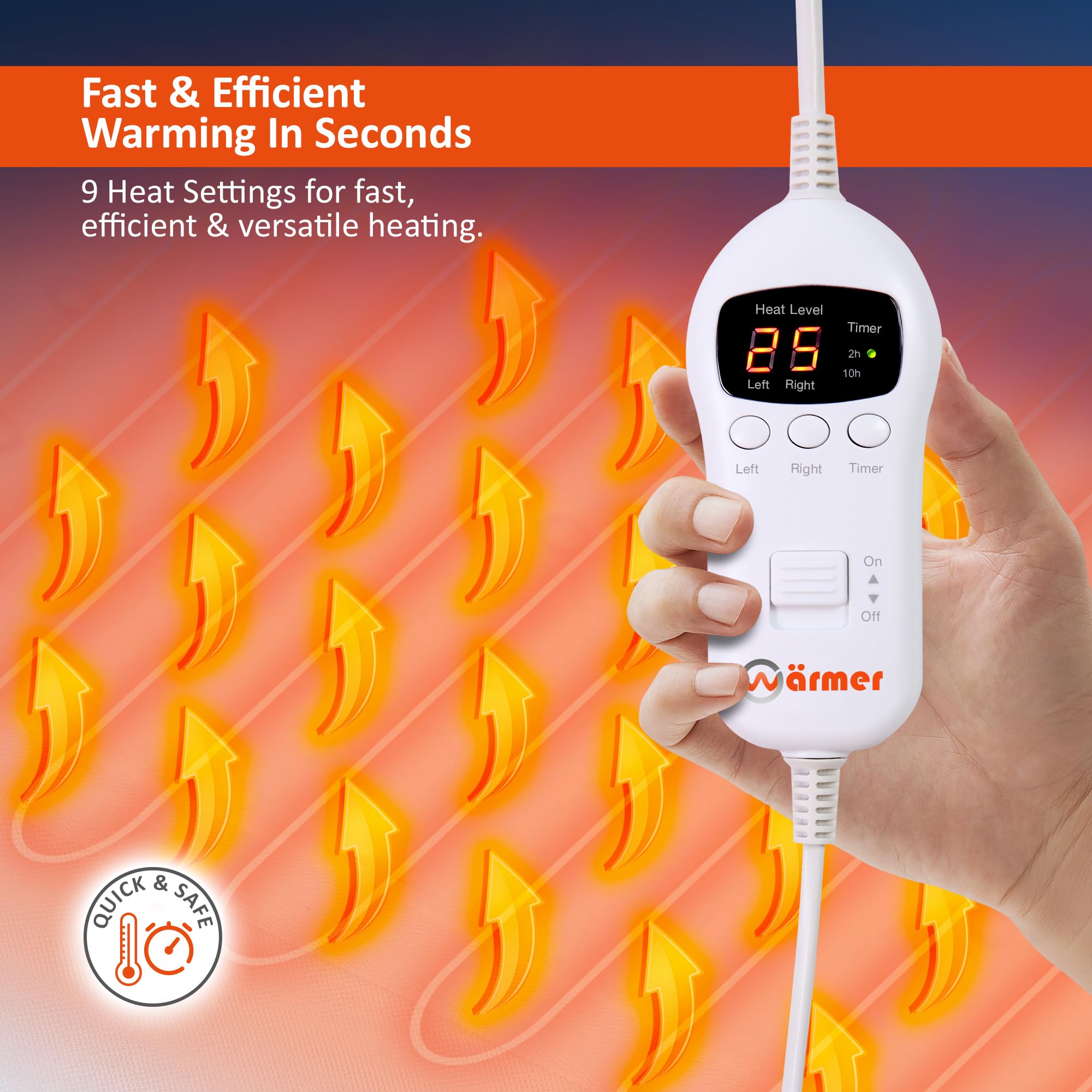 Warmer Manta eléctrica, tamaño Doble, Cobertura máxima, Zonas de calefacción Dobles Izquierda y Derecha, 9 ajustes de Calor, Temporizador de 2 y 10 Horas, tamaño Doble (160 x 137 cm)