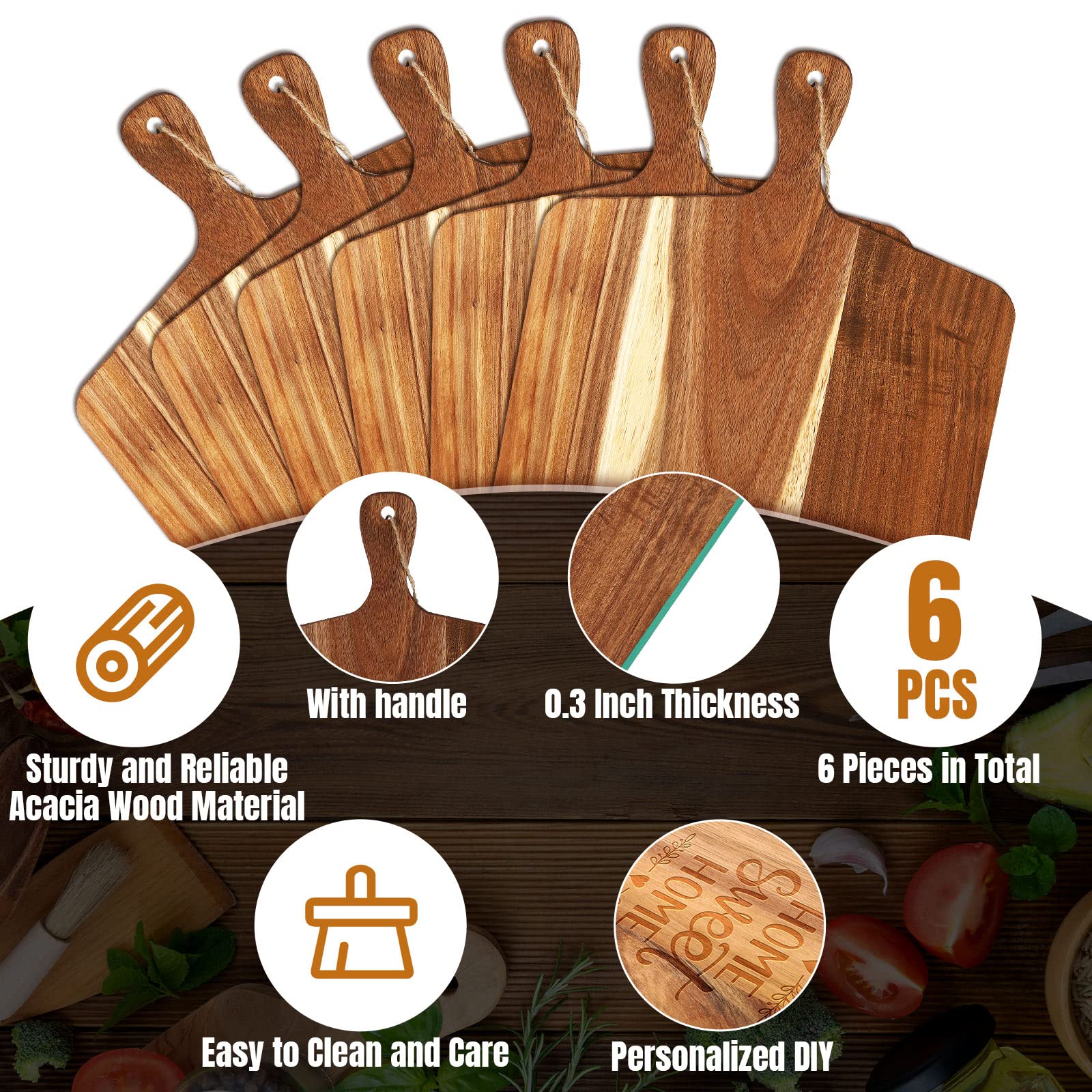 Juego de 6 tablas de cortar lisas con asas, tabla de cortar de madera para cocina, a granel para verduras, carne, pizza, queso, frutas, pan, regalo de grabado (17 x 13 pulgadas, madera de acacia)