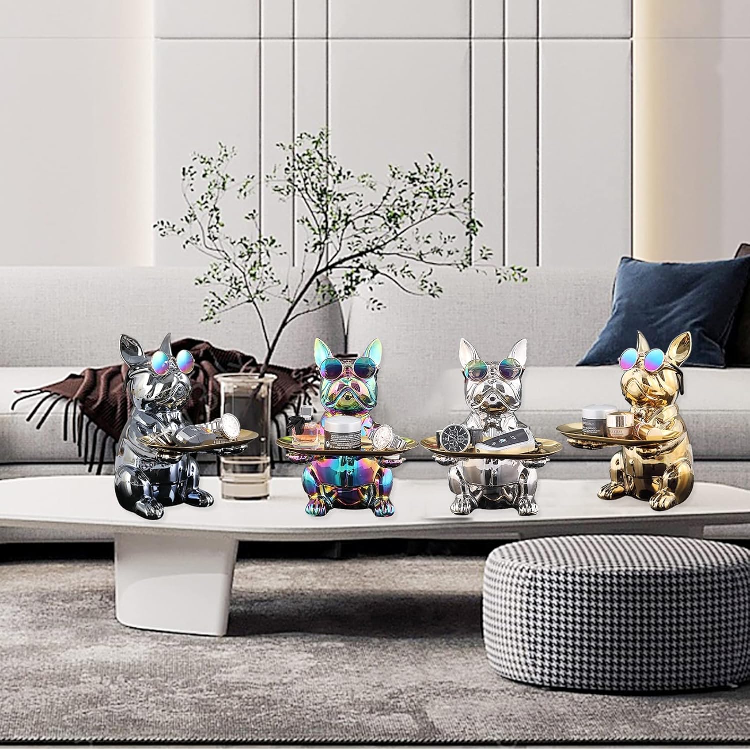 French Bulldog Statue Resin Bulldog Sculpture Storage Tray Statue Coin Piggy Bank Candy Dish for Office Multifunction Office Home Table Decor,Gray