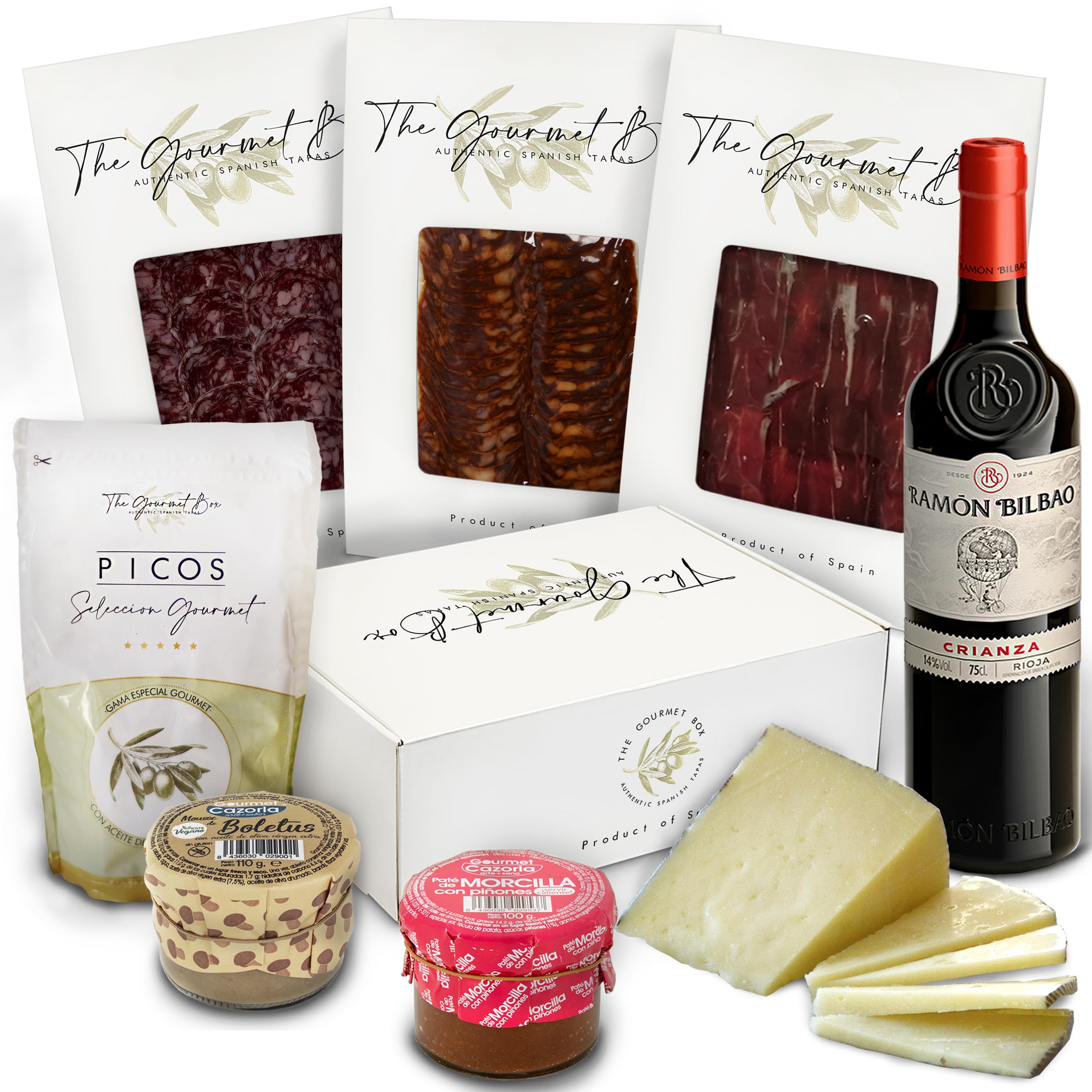 GOURMET BOX | Cesta para Regalar | Jamon Selección Gourmet, Salchichon y Chorizo Iberico de bellota, Queso de Oveja 100%, Patés de Boletus y Morcilla, Picos Artesanos y Vino Ramon Bilbao