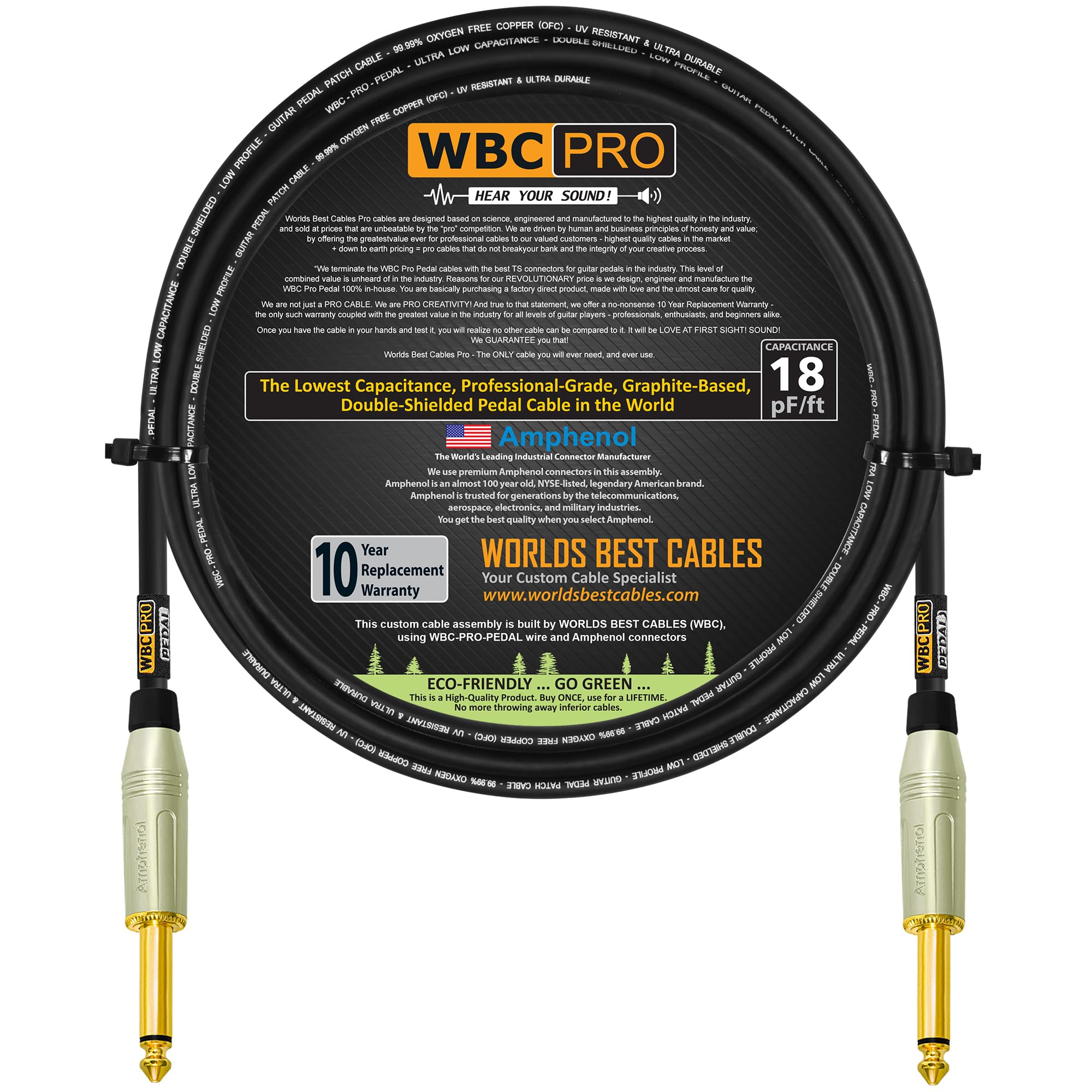 Pedal WBC-PRO-de 6 pies, 22 AWG, tapa baja (18 pF/pie), grado profesional, basado en grafito, pedal de doble blindaje, efectos, parche, cable de instrumento y conectores TS dorados rectos Amphenol
