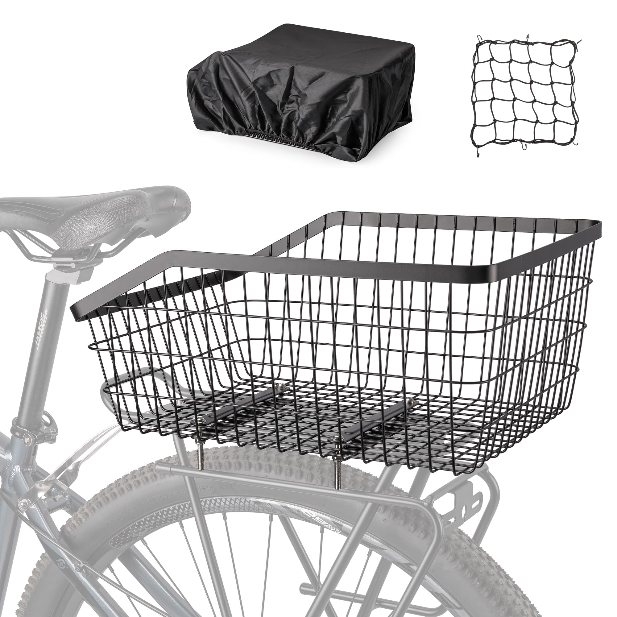 CXWXC Cestino posteriore per bici – Cestino posteriore con rete di trasporto e copertura impermeabile – Accessori per e-bike, cestini posteriori, ampia capienza per bici da adulto