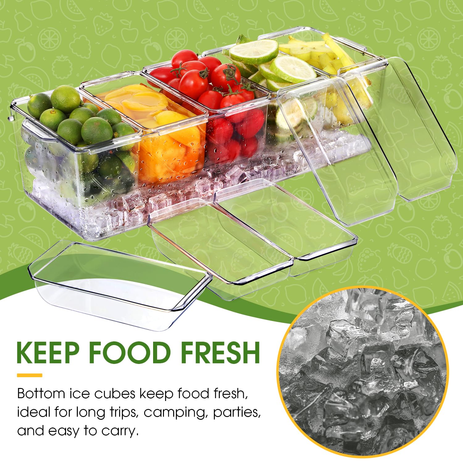 Paquete doble premium de condimentos refrigerados con hielo con 4 y 5 compartimentos, incluye 4 tenedores de acero inoxidable 304, bandeja para servir sin BPA para fiestas, barbacoas,