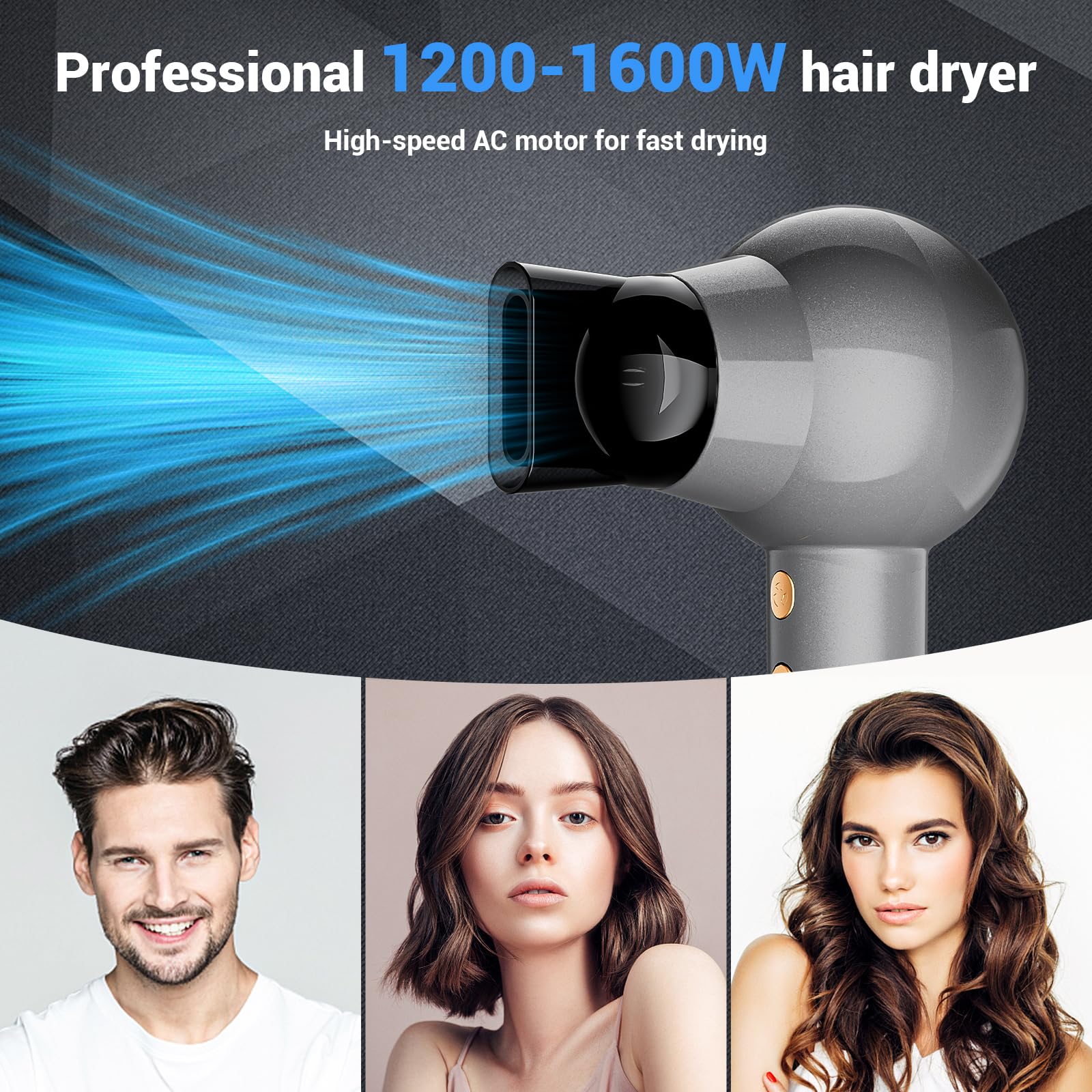Sèche-cheveux ionique professionnel Sèche-cheveux à séchage rapide Sèche-cheveux 1200-1600W Sèche-cheveux à haute vitesse avec contrôle de la température avec buse de coiffure pour salons à domicile