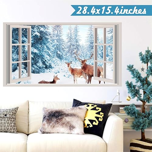 Miniatura 4 de Winter Wall Stickers 3D Fake Windows Wall Stickers Forest Wall Decals Christmas Wall Decals Peel and Stick Snow Landscape Deer Stickers Pine Tree