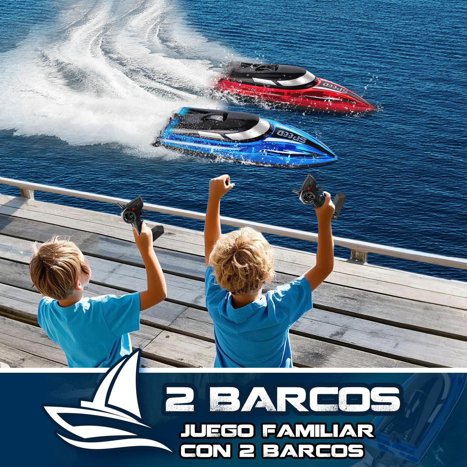 JONRRYIN Barco Teledirigido 2 Piezas, 2.4GHz Barcos Teledirigidos con Luces LED y Alarma de Batería Baja, Barcos RC Regalo para Niños y Adulto (Rojo+Azul)