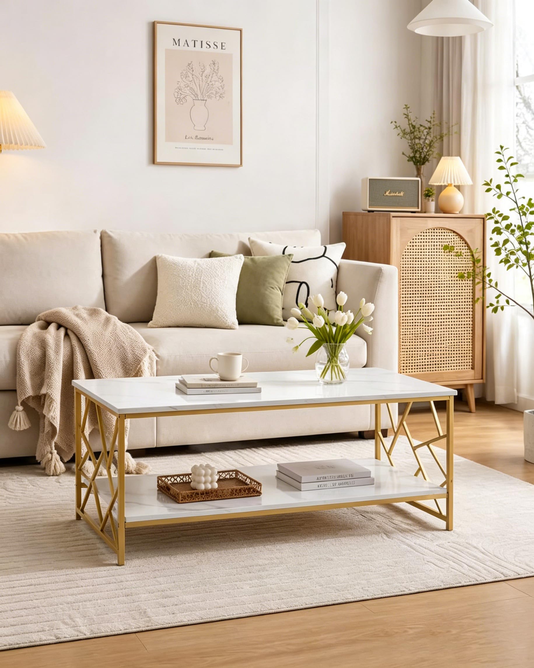 Mesa de Centro Almacenamiento Mesa Café Blanca Salón, Mesa Centro Pequeña Ahorro de Espacio, Doble Estante Auxiliar Sofá Mesa de Té Moderna, Madera Ajustable, 110x50x45cm