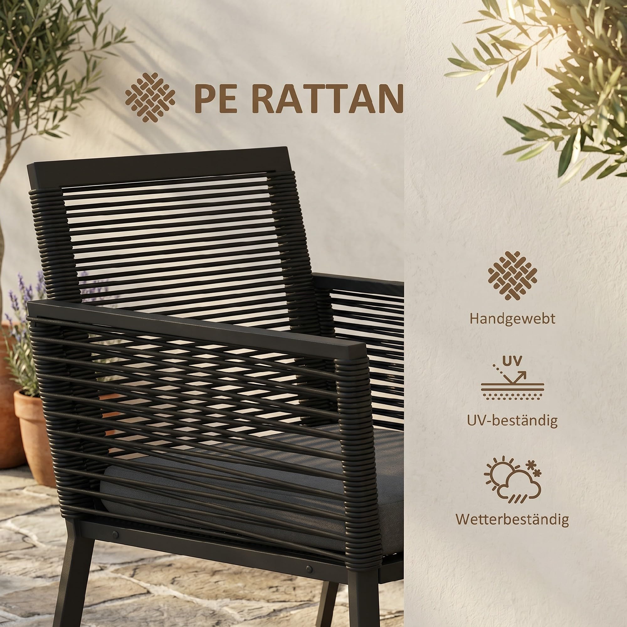 Outsunny 3-teiliges Rattan Gartenmöbel-Set Sitzgruppe Gartengarnitur mit 2 Gartenstühlen, Beistelltisch mit Hartglasplatte, inklusive Kissen, ideal für Balkon, Schwarz