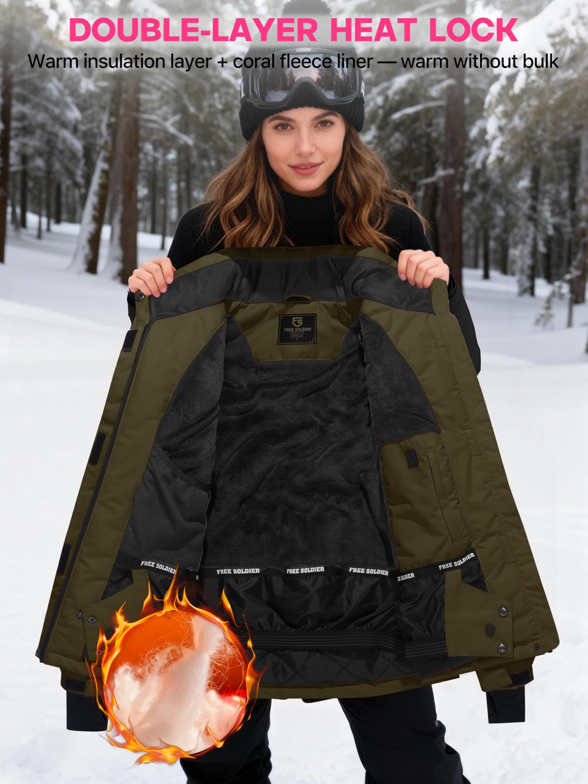 FREE SOLDIER Women's Waterproof Ski Snow Jacket Fleece Lined Warm Winter Rain Jacket with Hood Fully Taped Seams