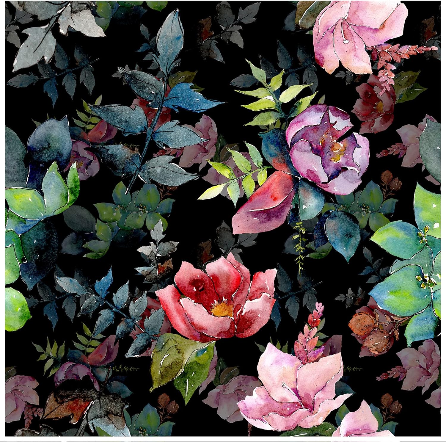 HAOKHOME Wild Floral Peel and Stick Wallpaper Bouquet Botanical Forest Black/Green/Pink Removable Stick on Home Decor 17.7in x 118in