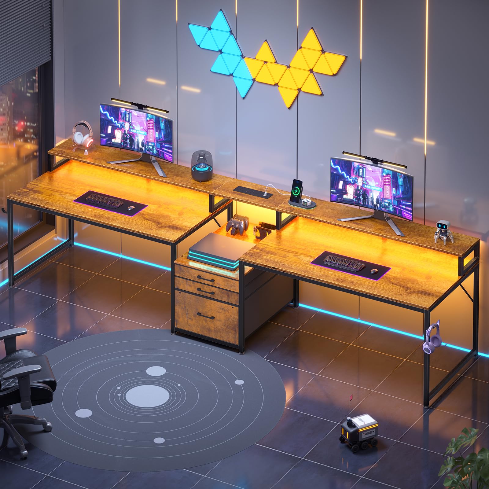 SEDETA 96.5" Office Desk, 2 Person Computer Desk with 3 Fabric Drawers & Power Strip, Long Gaming Desk with LED Light & Monitor Stand for Home Office, Rustic Brown