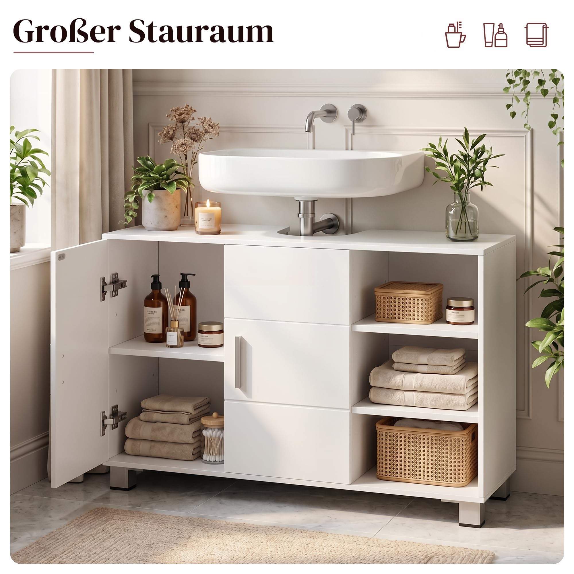 APICIZON Waschbeckenunterschrank, Badunterschrank Weiß, fürs Badezimmer