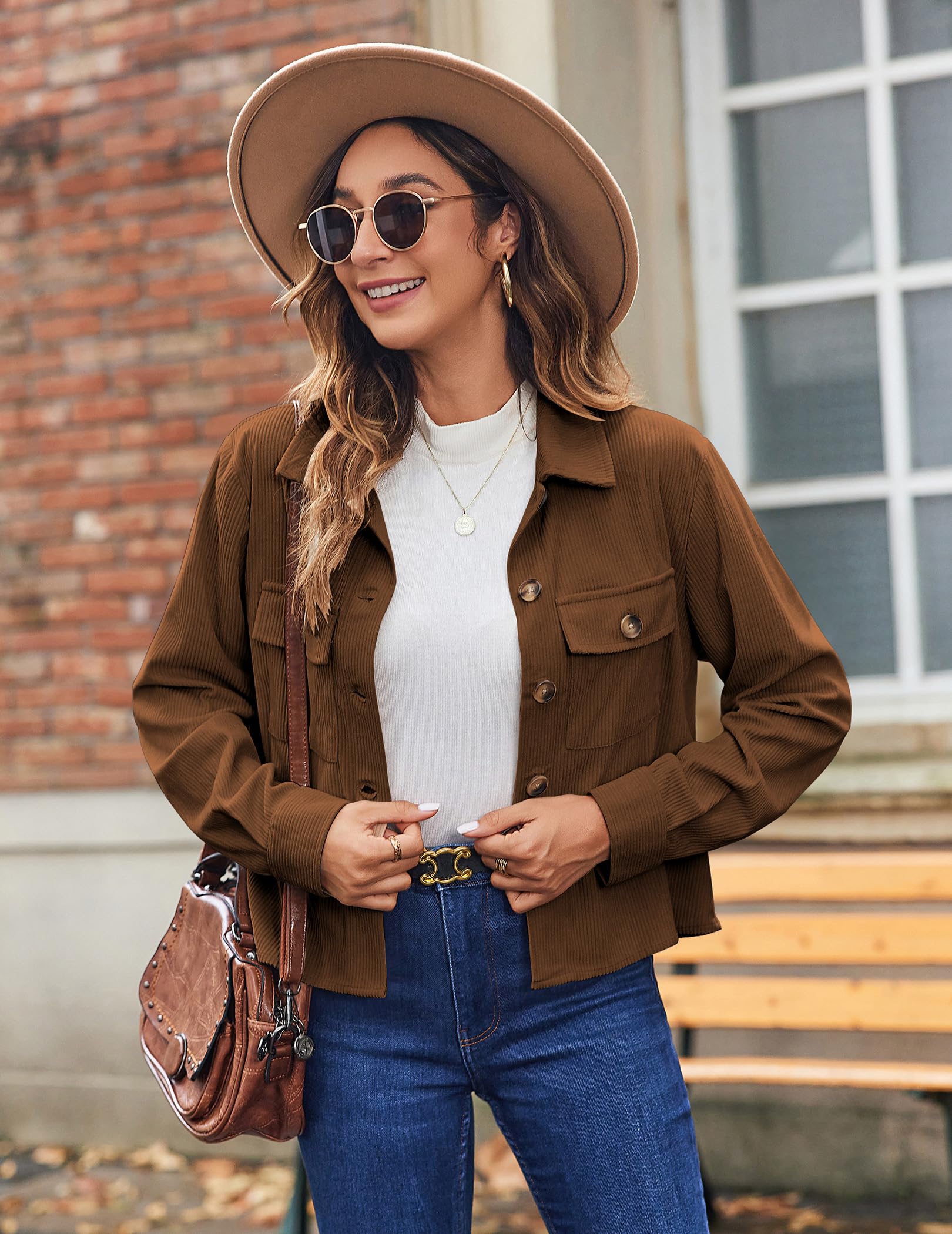 Hotouch Veste Femme Mi Saison Blouson en Velours Côtelé Bombers Décontracté Veste Courte Chic Button Down Jacket avec Poches