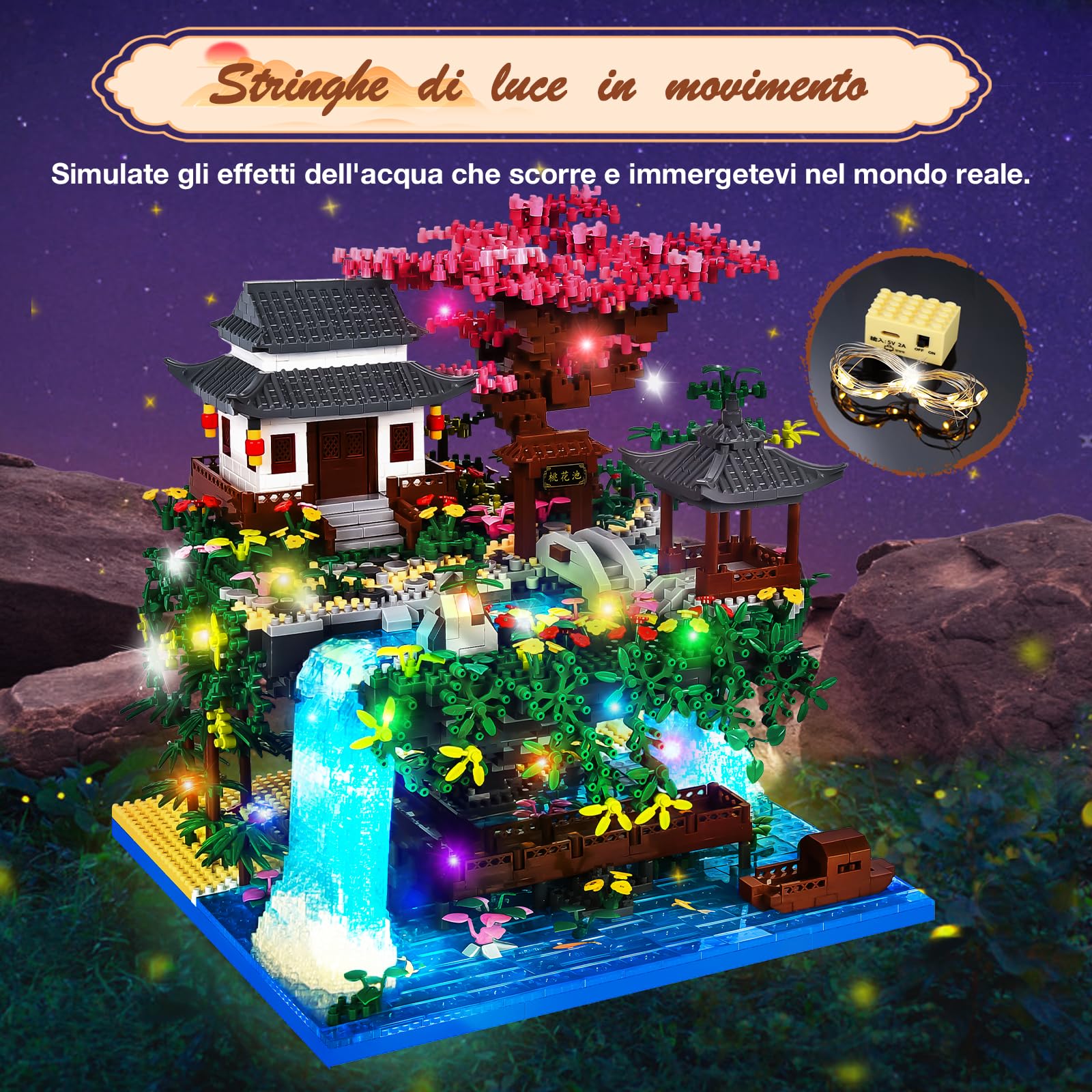 Charmofun 3320pezzi Mini Mattoncini da Costruzione, Set di Mattoncini Costruzione Giardino classici cinesi con LED, Peach Blossom Pool Cinese Architecture, Creative STEM Regalo per bambini e adulti