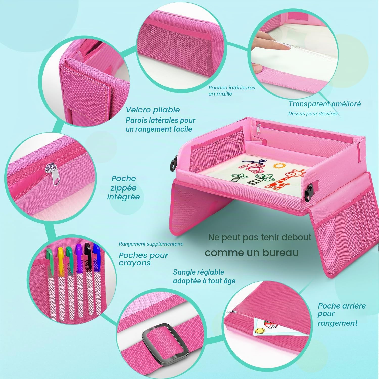 lenbest Plateau de Voyage Enfants, Jouet Créatif D'apprentissage Intérieur pour Accueil École, Planche à Dessin avec 1 Film Transparent de Peinture + 5 Papier à Dessin + 6 Crayons de Couleur (rose)