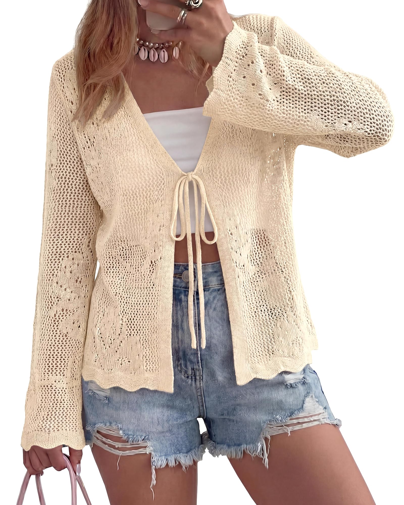 Summer Cardigans for Women Lightweight 2026 Spring Crochet Mesh Long Sleeve Tie Front Cardigan for Beach Holiday Outfits-image-19