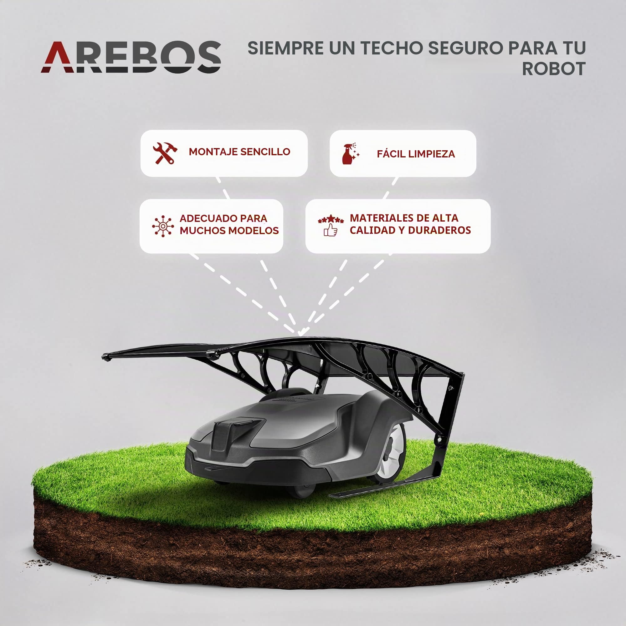 Arebos Garaje Robot cortacésped | Tamaño 102 x 79 x 46 cm | Resistente a la Intemperie + protección UV | con pies de Metal | Incluido el Material de Montaje