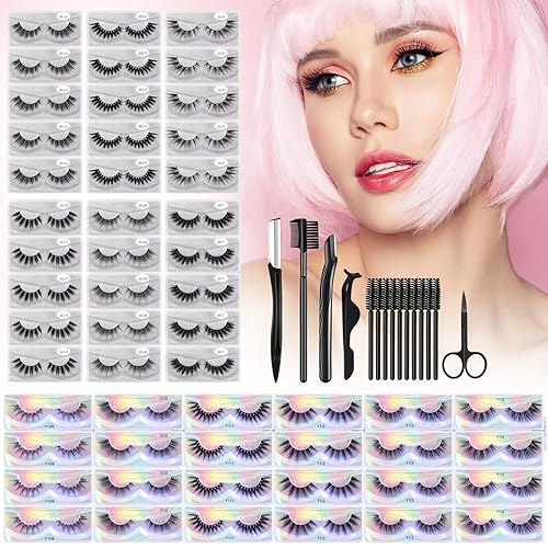 MAGEFY 60 pares de pestañas de visón sintético de 12 estilos, aspecto natural a pestañas postizas esponjosas dramáticas con kit de aseo de cejas