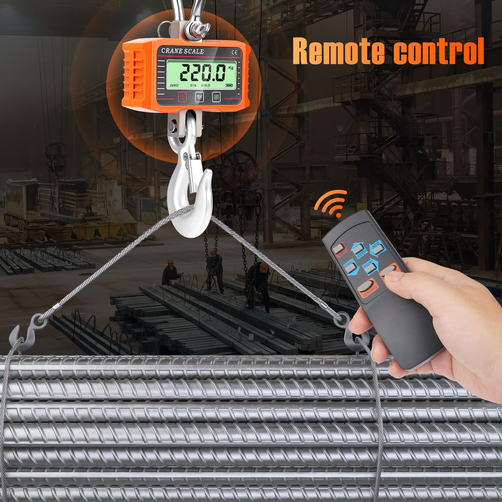 Bilancia Elettronica per Gru 2000 kg/4000 lb, Bilancia da gru digitale, Pesante Bilancia Industriale con sensore di precisione, ampio schermo LCD e telecomando per aziende agricole, edilizia (Orange)