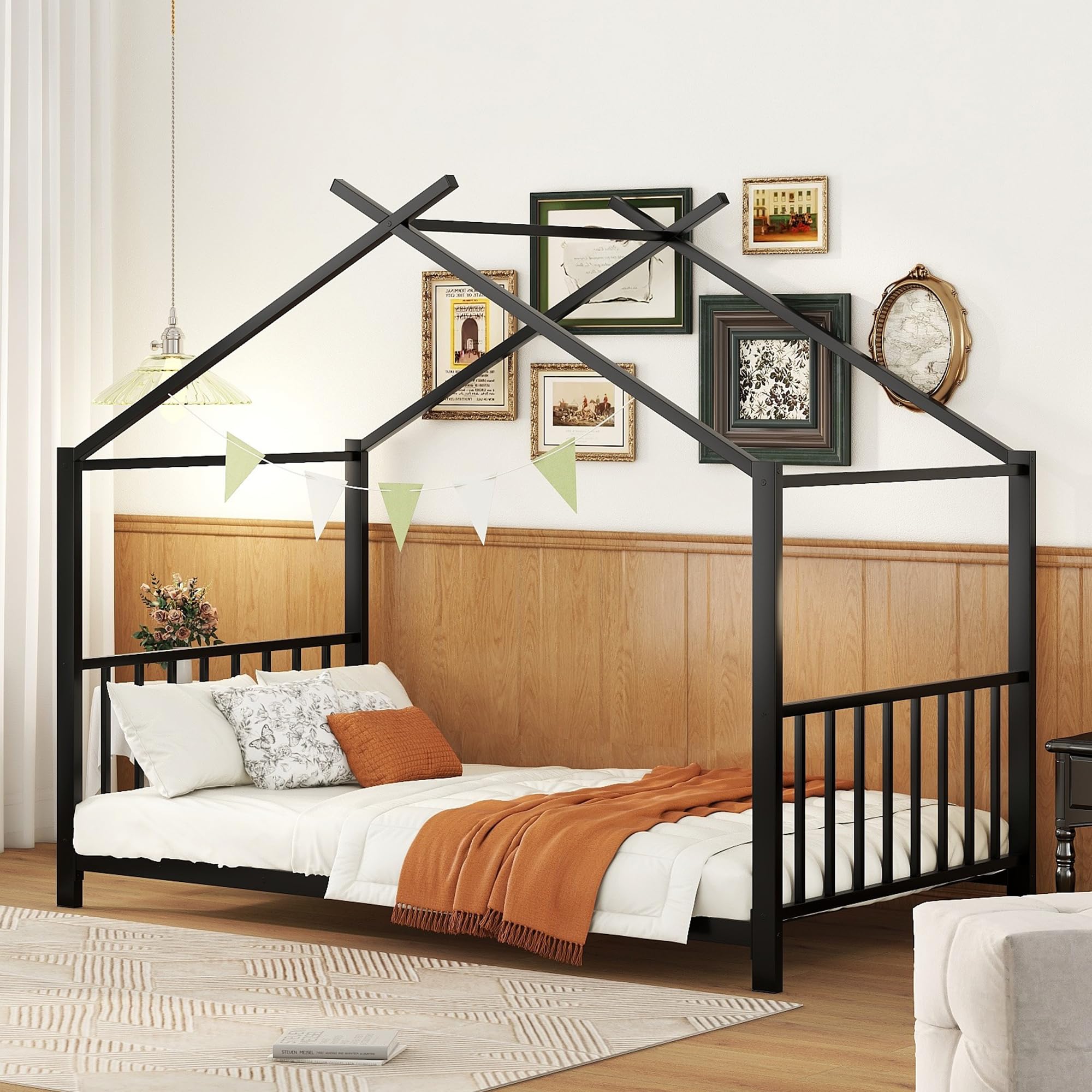 Twin Size Kids Montessori Floor Bed,House Bed Frame with High Headboard,Twin Floor Bed with Roof for Boys Girls,Floor Bed Metal Frame (Black)