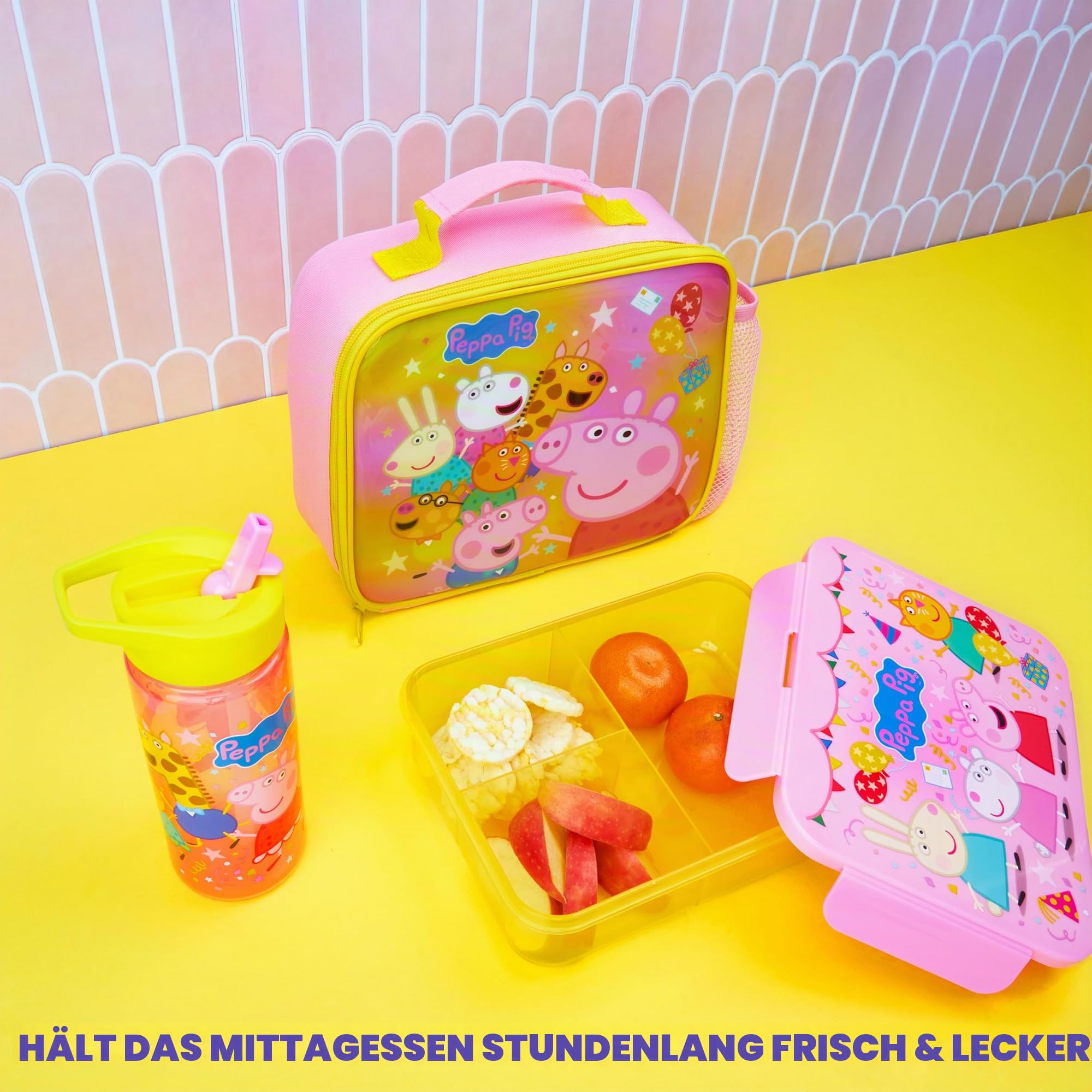 Get Trend Peppa Wutz Lunchtasche Kinder Set 3 Tlg. mit Trinkflasche, Lunchbox mit Fächern und Isolierte Snack Tasche, für Schule, Kita und Vorschule (Multi Peppa Pig)