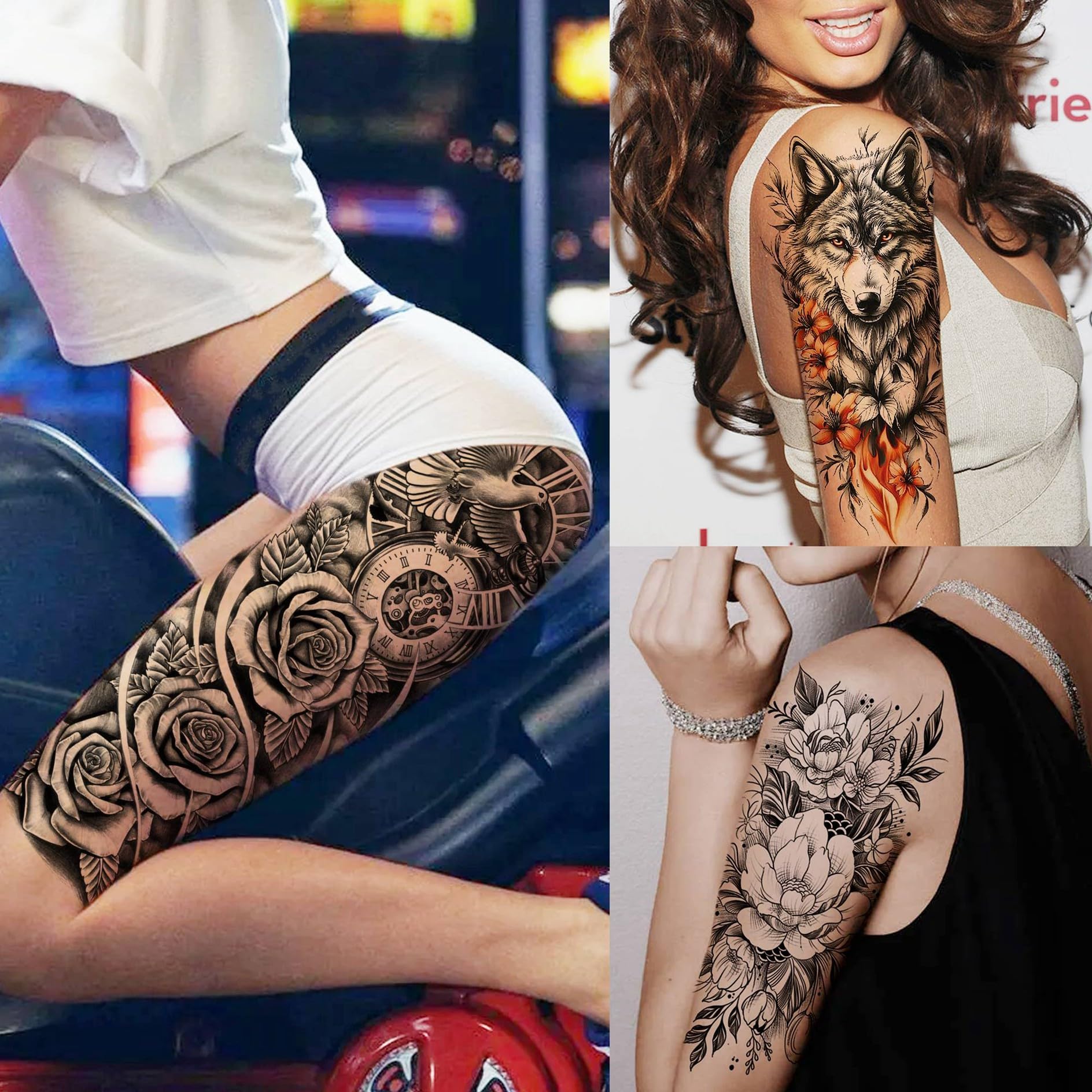 20 Sheets Large Full Arm Temporary Tattoos for Women Girls Thigh Rose Flower Tribal Eye Compass Clock Fake Tattoo Sleeve for Adults Long Lasting Peony Florals Peace Dove Black Tattoo Stickers - Image 3