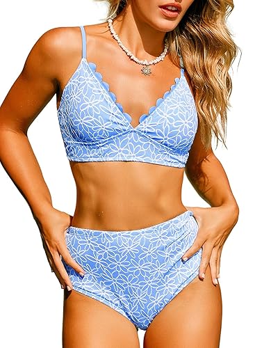 Herseas Women's Embroidered Flowers Bikini Sets Scalloped V Neck Swimsuits