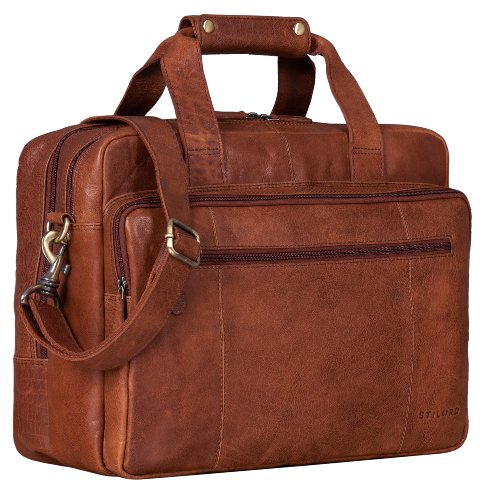 STILORD "Experience" Vintage Teacher's Bag Skóra duża dla mężczyzn Kobiety XL Teczka na ramię lub torba na ramię do wózka na laptopa z możliwością dołączenia Kolor:koniakowy - ciemnobrązowy