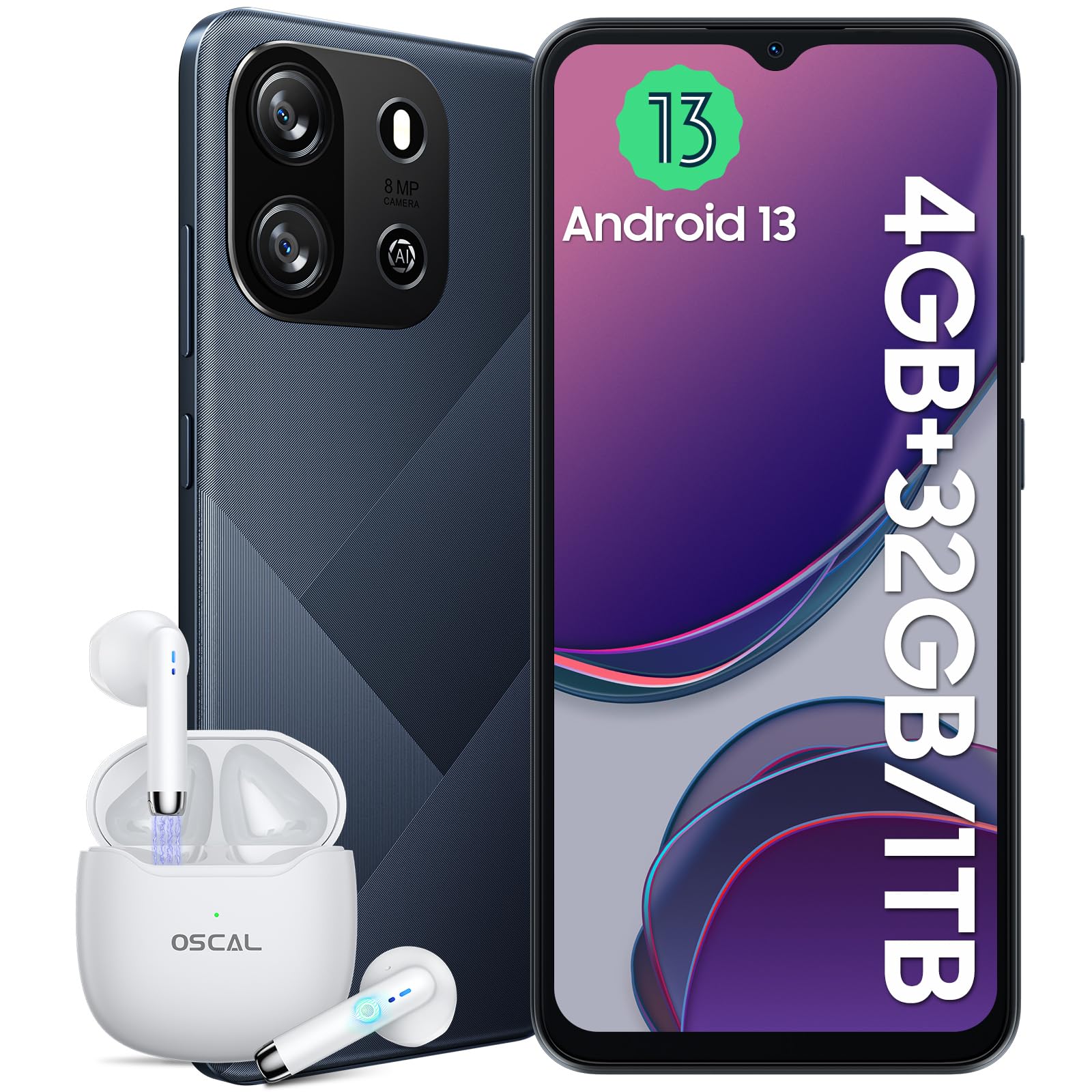 OSCAL Flat 1C Smartphone 4GB RAM 32GB ROM 1TB Espandibile, 4700mAh, 6.5" HD+, 8MP+5MP, 4G Dual SIM Telefono Cellulare, Android 13 Smartphone Offerta Octa Core/BT4.2/5G Wi-Fi/Face ID/OTG Nero