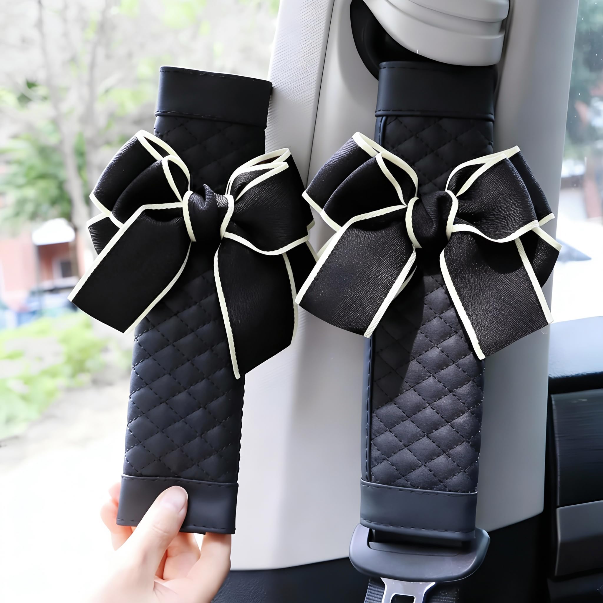 Zigihos Cute Bow Leather Car Seat Belt Cover Pads,2 Pcs & 4 Pcs Seat Belt Cover for Shoulder, Seatbelt Cushion, Car Seat Strap Pads, Seatbelt Covers