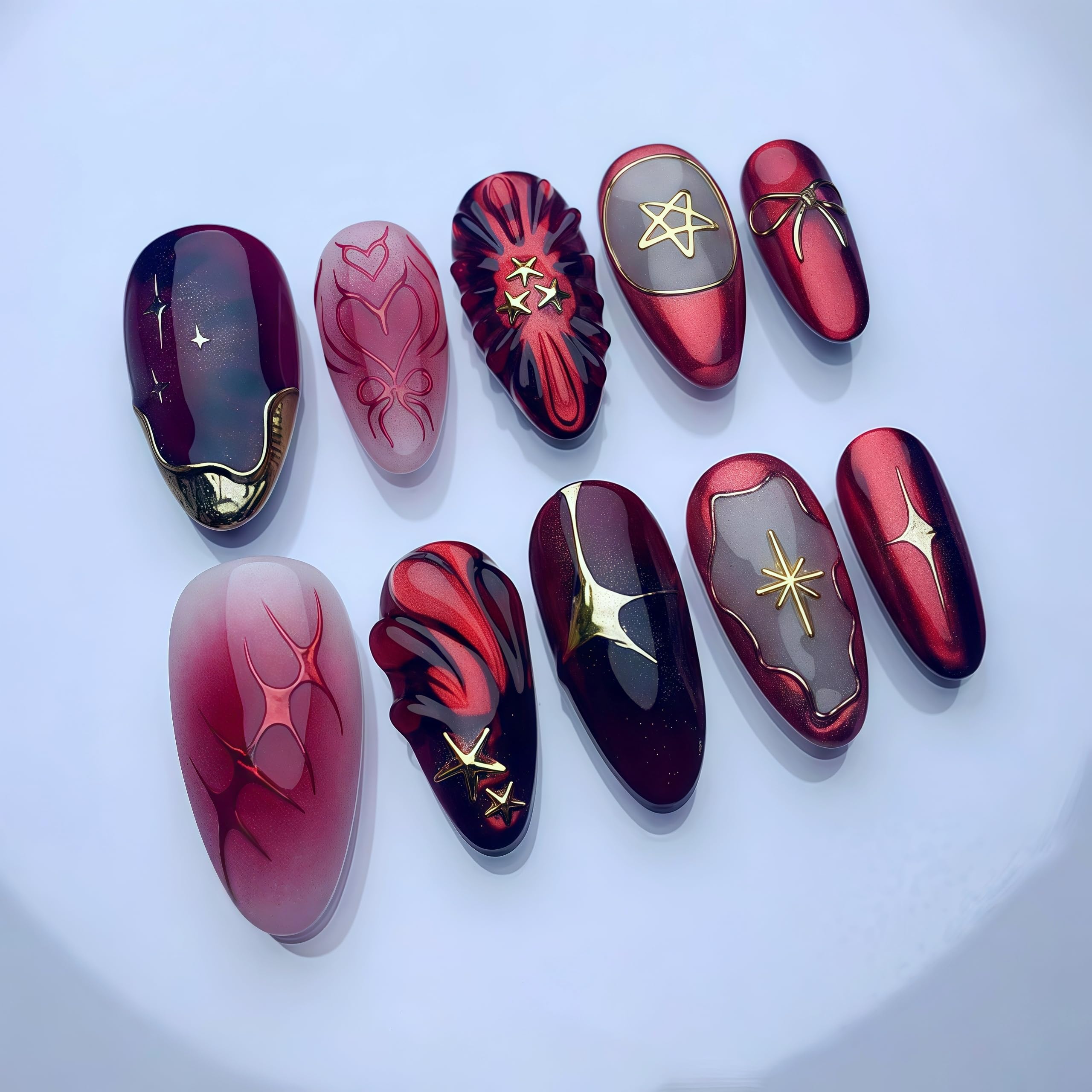 24Pcs Ombre Red Press on Nails Medium Almond Fake Nails 3D Texture Gold Star Acrylic Nails Y2K Punk Artificial Glue on Nail Golden Line Bow Full Cover