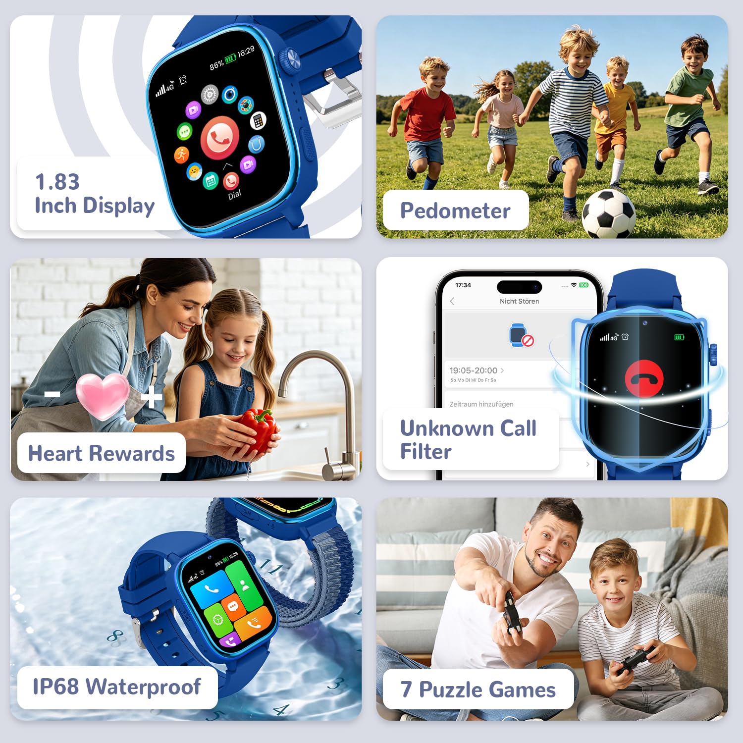 Smartwatch Kinder mit GPS und Telefon, SOS, Schulmodus, Nachrichten, Schrittzähler, IP68 Wasserdicht, Puzzlespiele, Wecker, Kids Smart Watch mit Langanhaltender Video & Phone Call, Blau