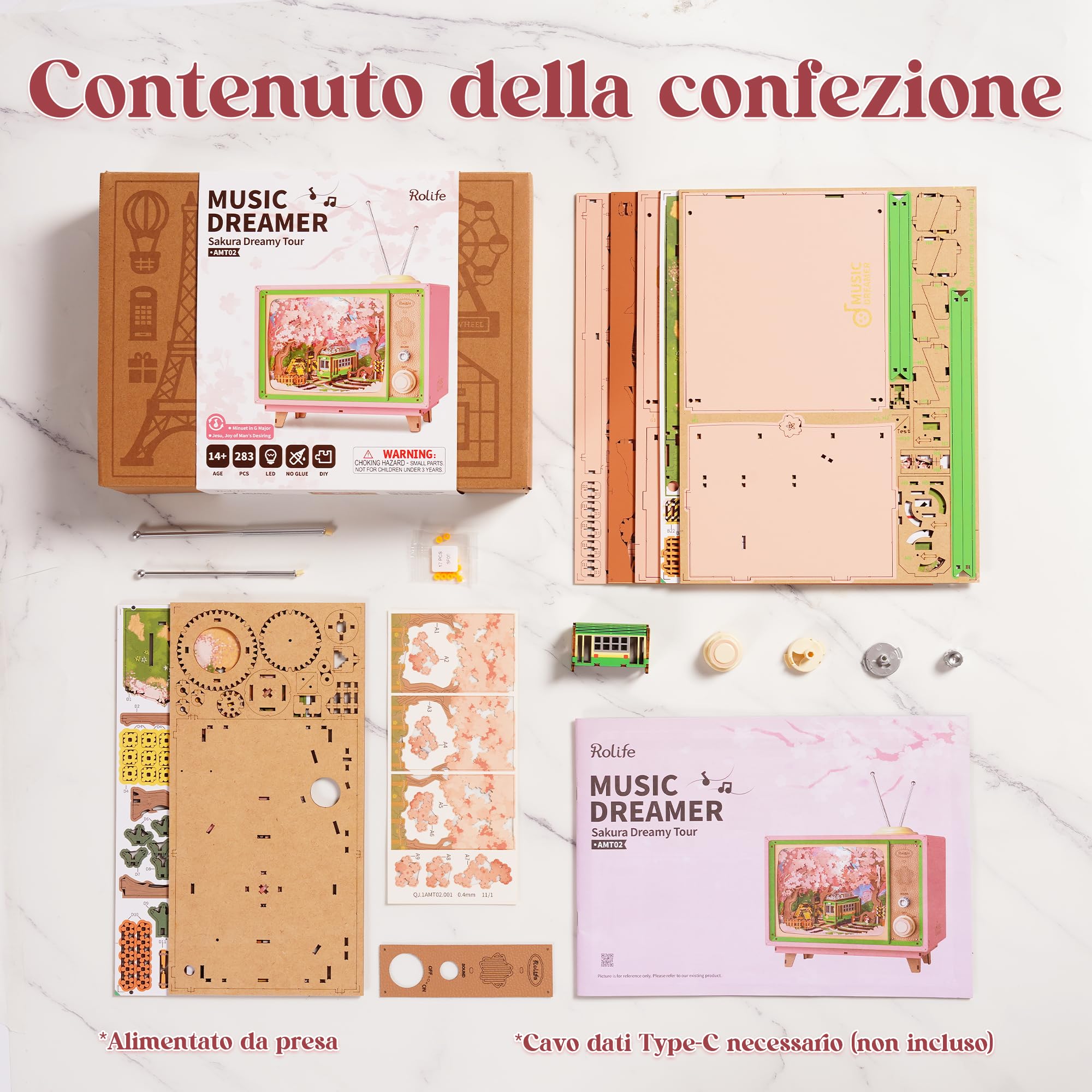 Rolife Puzzle 3D Anime Sakura Tram Decor TV, Puzzle Legno 283 pezzi – Modellino da Costruire con Tram Mobile & LED, Scena cherry blossom, Regalo per Costruire Modellini & Casa