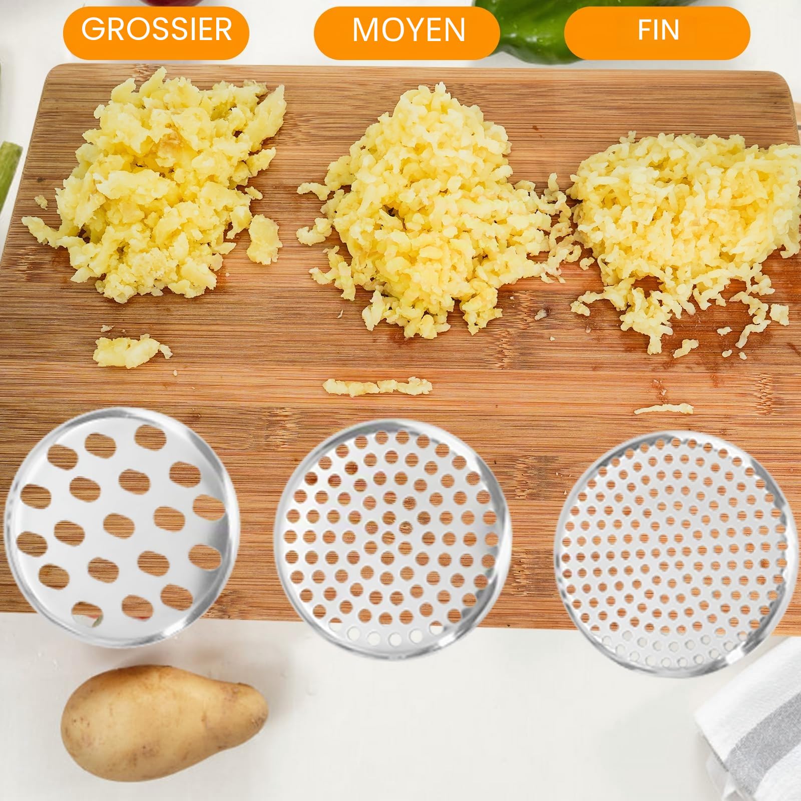 Presse-purée inox 18/10 450 ml, Presse pommes de terre robuste 3 disques interchangeables, Ustensile cuisine purée lisse spaetzle gnocchis légumes