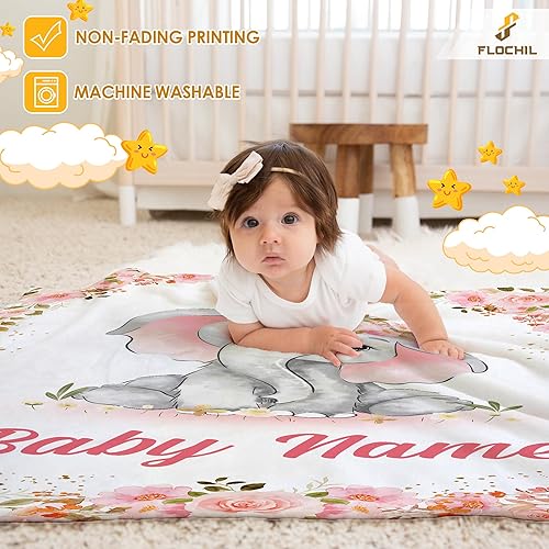 Miniatura 5 de FLOCHIL Mantas de bebé personalizadas, manta de bebé personalizada  Manta de bebé con nombre para niñas, el mejor regalo para bebé, elefantes recién