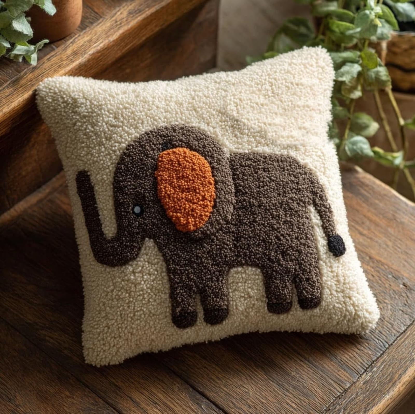 WallustrioaW Latch Hook Cushion Kits 43x43cm,Cartoon Elephant and Butterfly