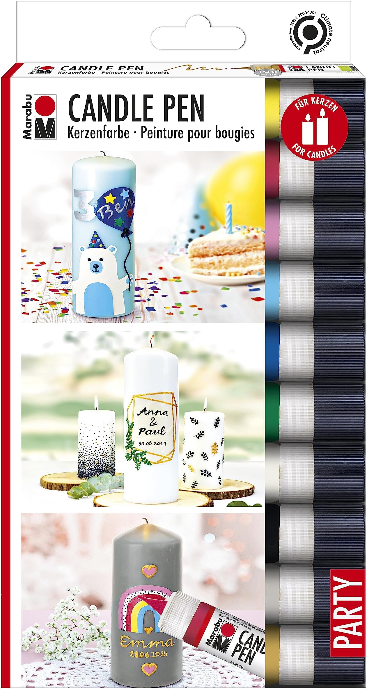 Marabu 1805000009882 Candle Pen Set, 10 Candle Pens of 25 ml, Creamy, Soft Wax Paint, Water-based, Non-fading, Odourless, Weatherproof, Easy Candle Decoration