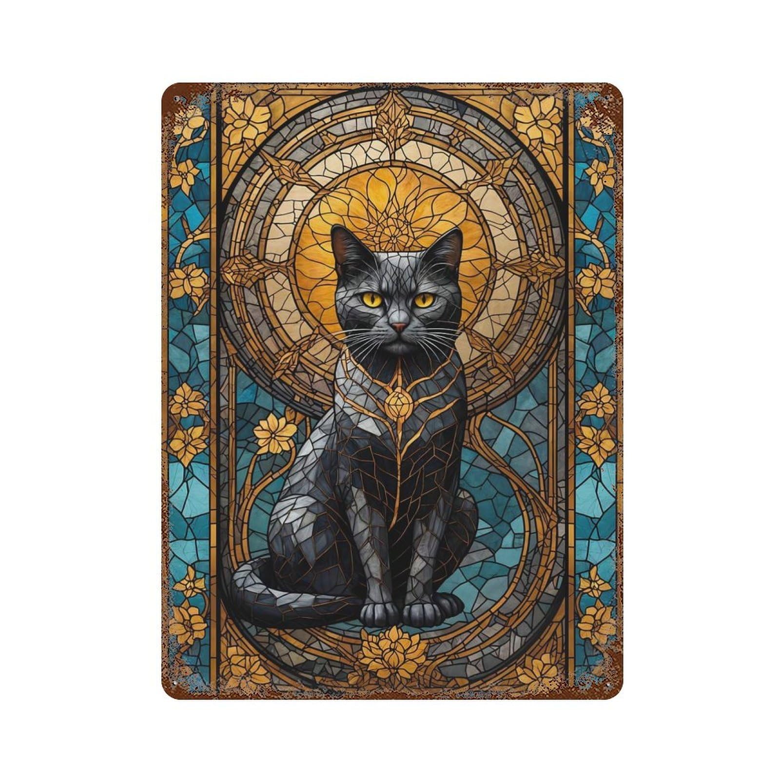 Black Cat Stained Glass Decorative Tin Sign 15.7"x11.8", Old School Wall Decor for Garage, Pub Or Kitchen