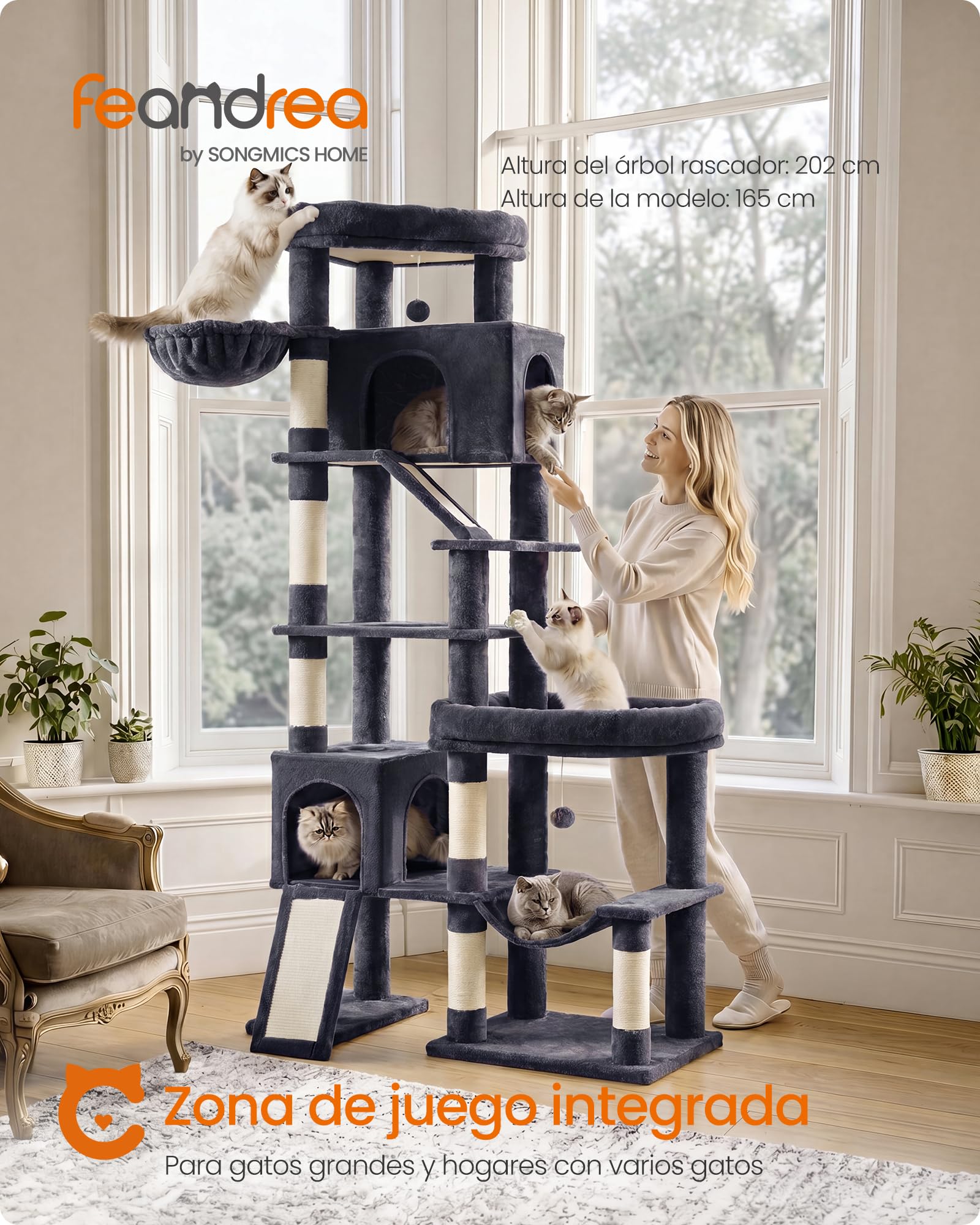 Feandrea Árbol para Gatos XXL, Torre con Postes de Sisal, Rascador con Base Doble, 105 x 45 x 202 cm, Gris Oscuro, para Gatos Grandes y Varios Felinos, Colección Clawfy PCT020G201