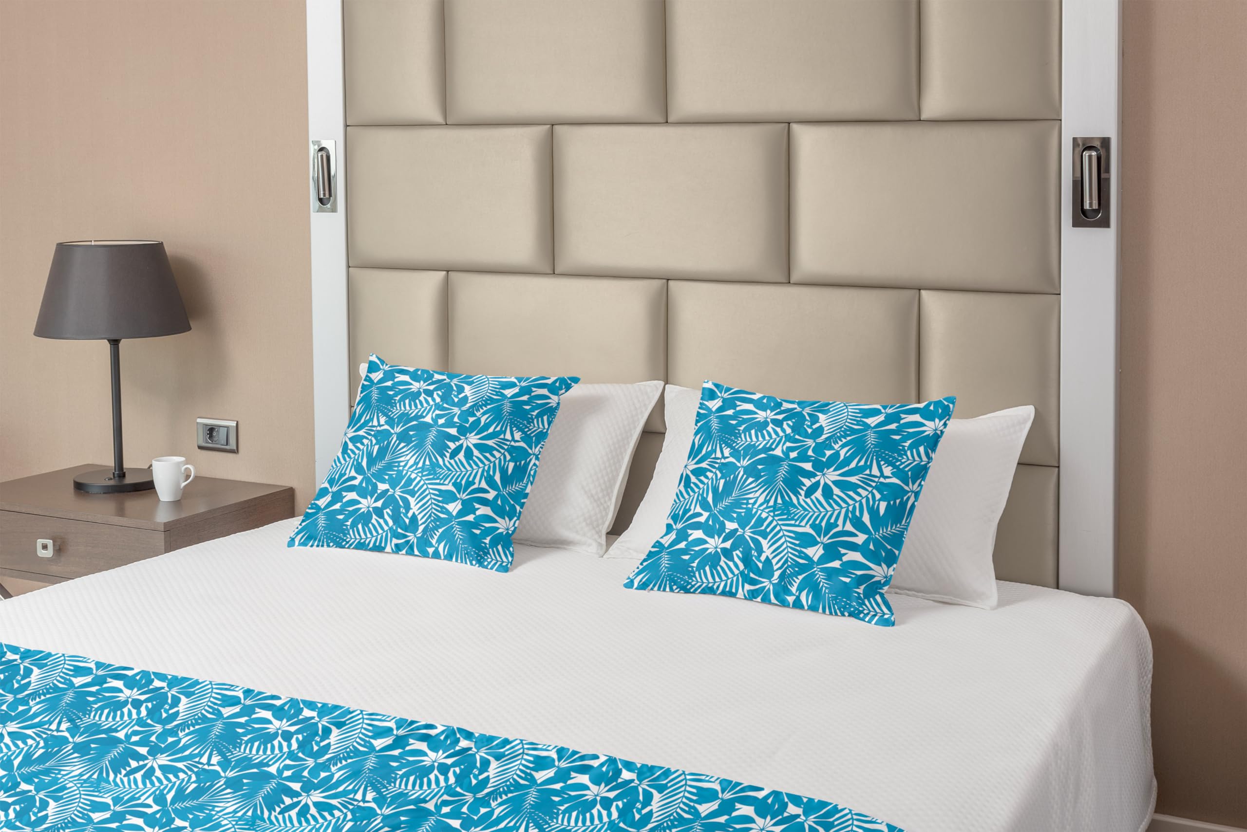 Ambesonne Aqua Bed Runner Set, Tropical Tree Leaves Pattern Hawaiian Nature and Vegetation Foliage in Blue and White, Decorative Bedding Scarf and 2 Pillow Shams for Hotels Homes, King, Blue White