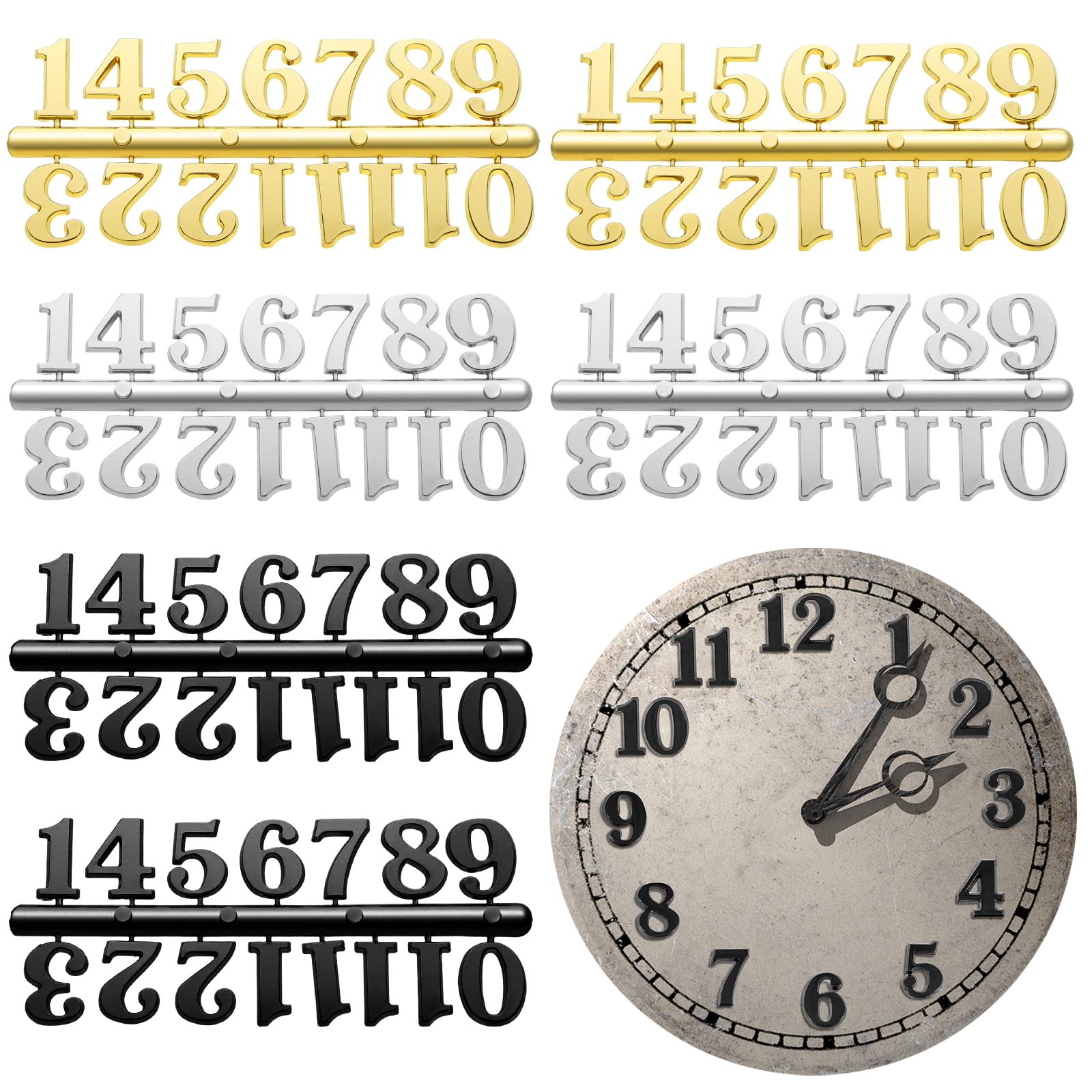 6 Sets Clock Numerals Kit, DIY Arabic Number Clock Digital Clock’s Numbers Clocks Hands Accessories Face Making Parts for Wall Clocks Crafts Replacement, Repair, Design (Gold, Silver, Black)-image-42