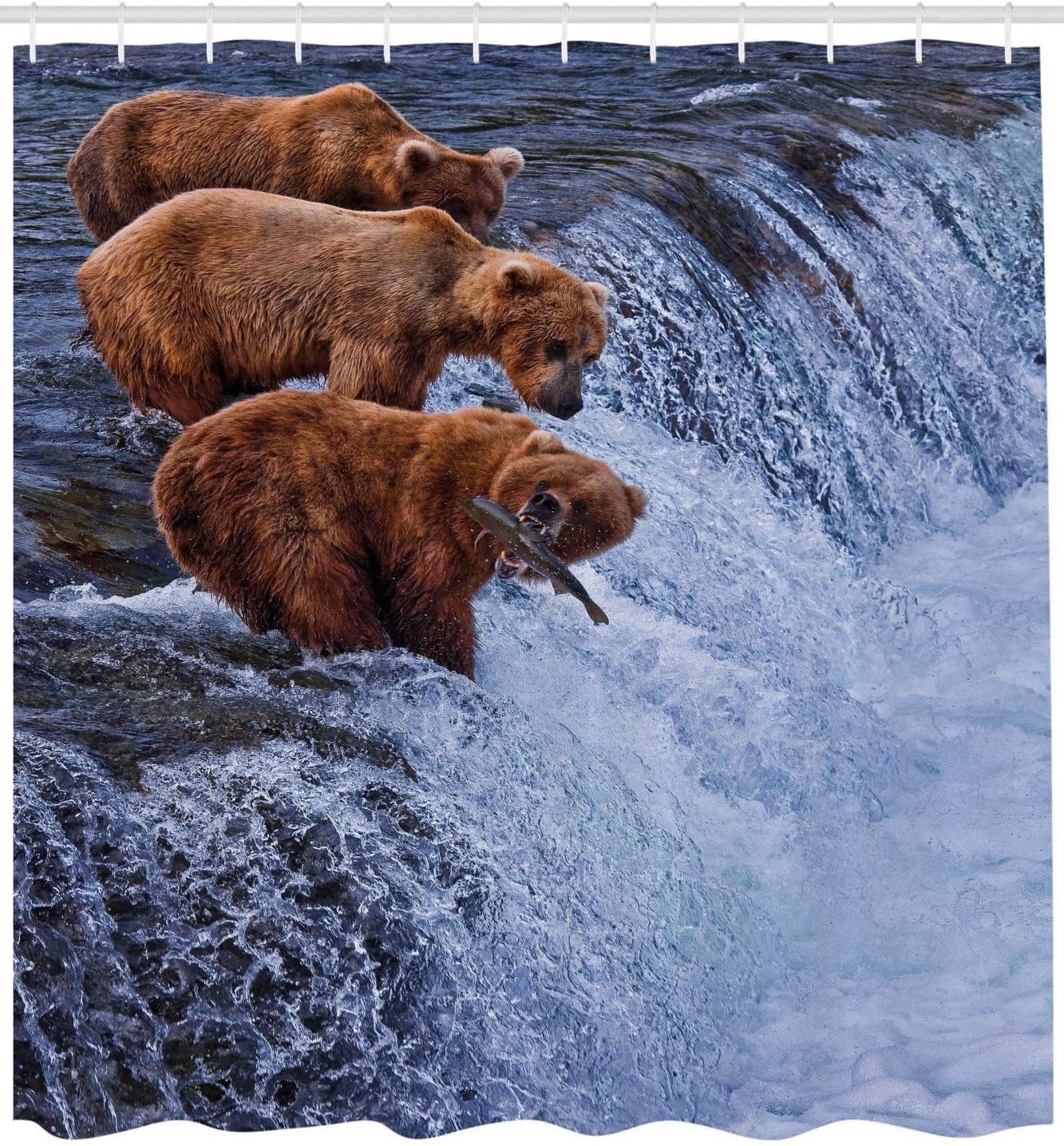 Ambesonne Africa Shower Curtain, Grizzly Bears Fishing in The River Waterfalls Cascade in Alaska Nature Camp View, Cloth Fabric Bathroom Decor Set with Hooks, 69" W x 75" L, Brown White 69" W x 75" L Brown White