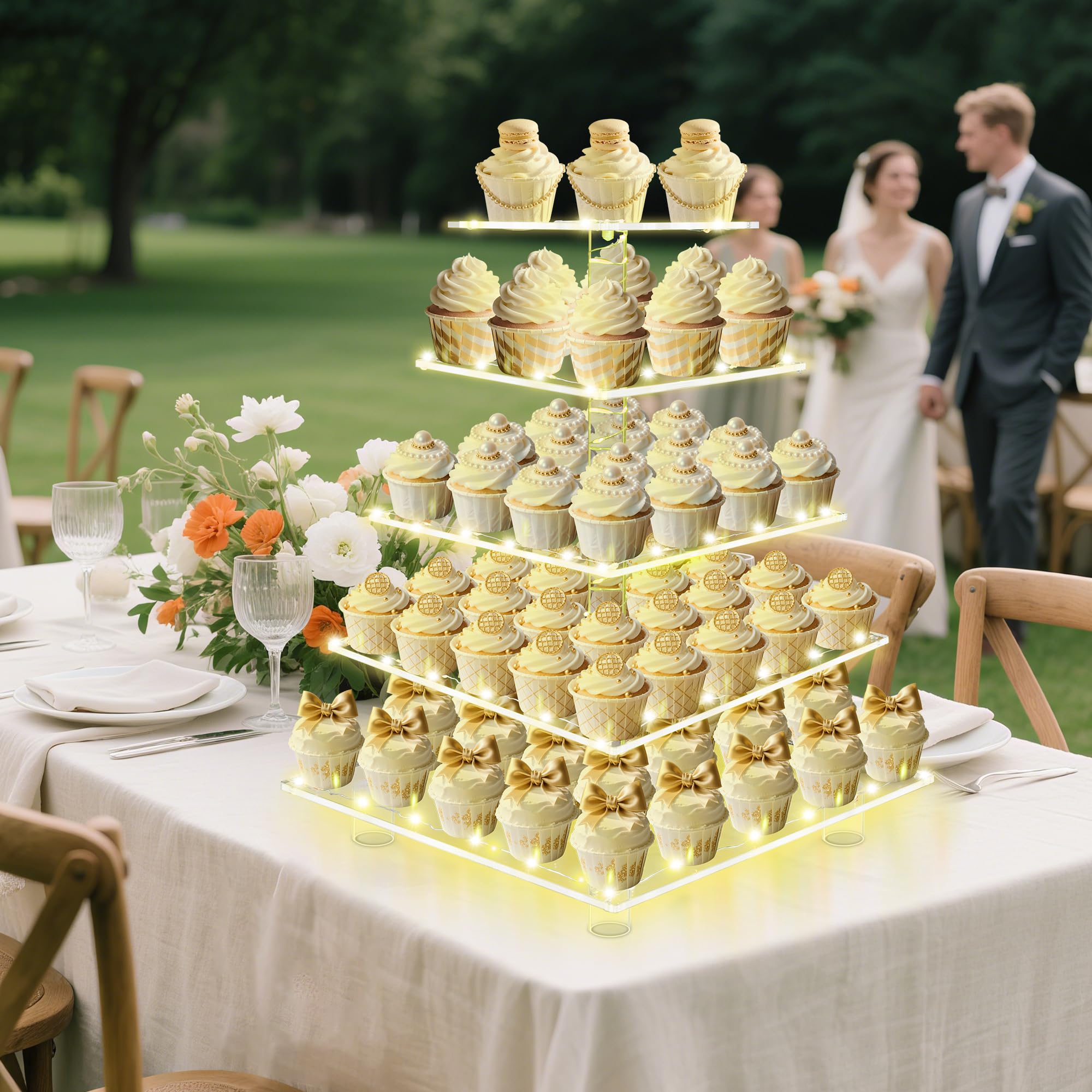5-poziomowy stojak na babeczki, przezroczysta wieża na babeczki z lampkami sznurkowymi, duży kwadratowy uchwyt na babeczki, ekspozycja deserów na baby shower, przyjęcie herbaciane i wesele