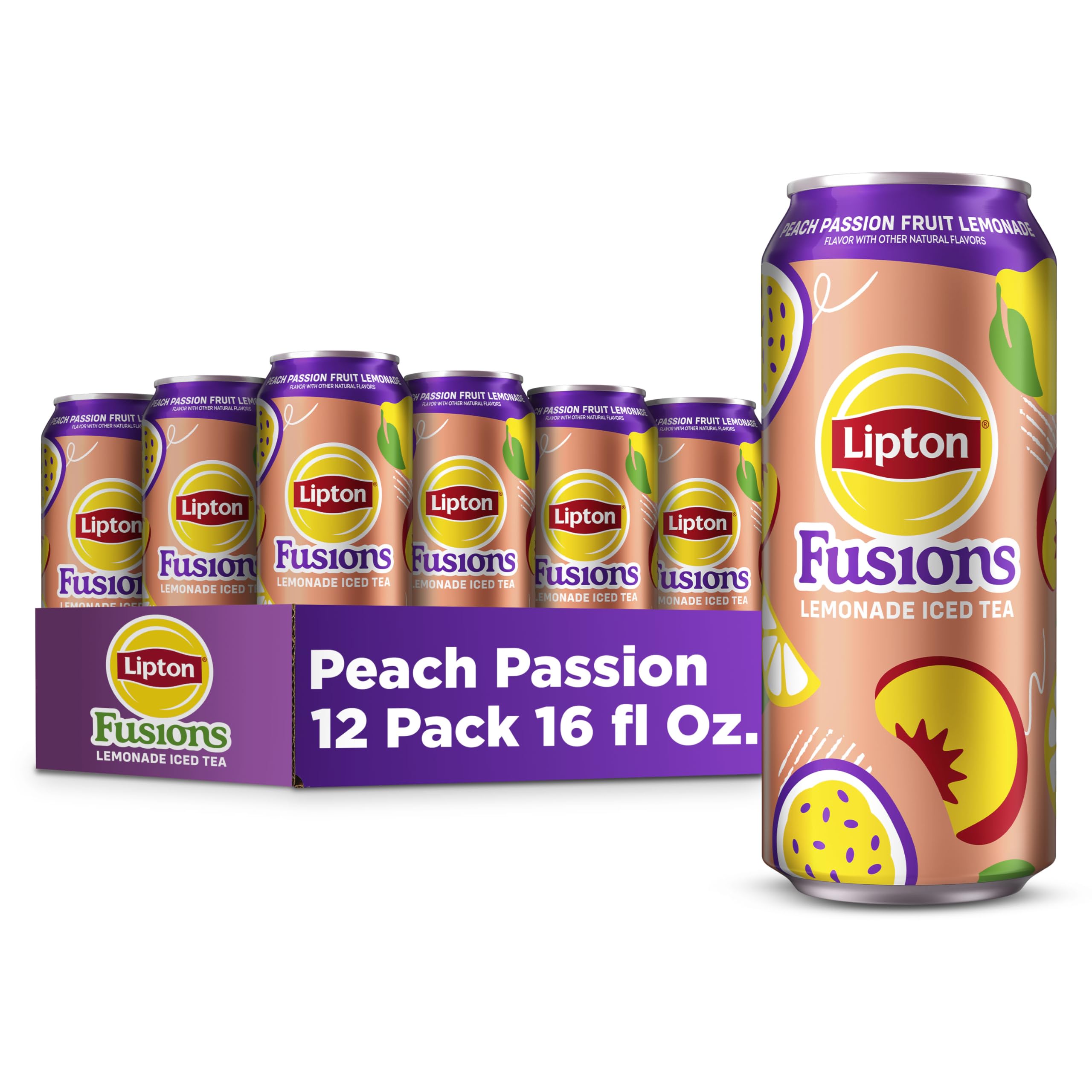 Lipton Fusions, Peach Passion Fruit Lemonade Iced Tea, 16 Fl Oz Cans (Pack of 12)