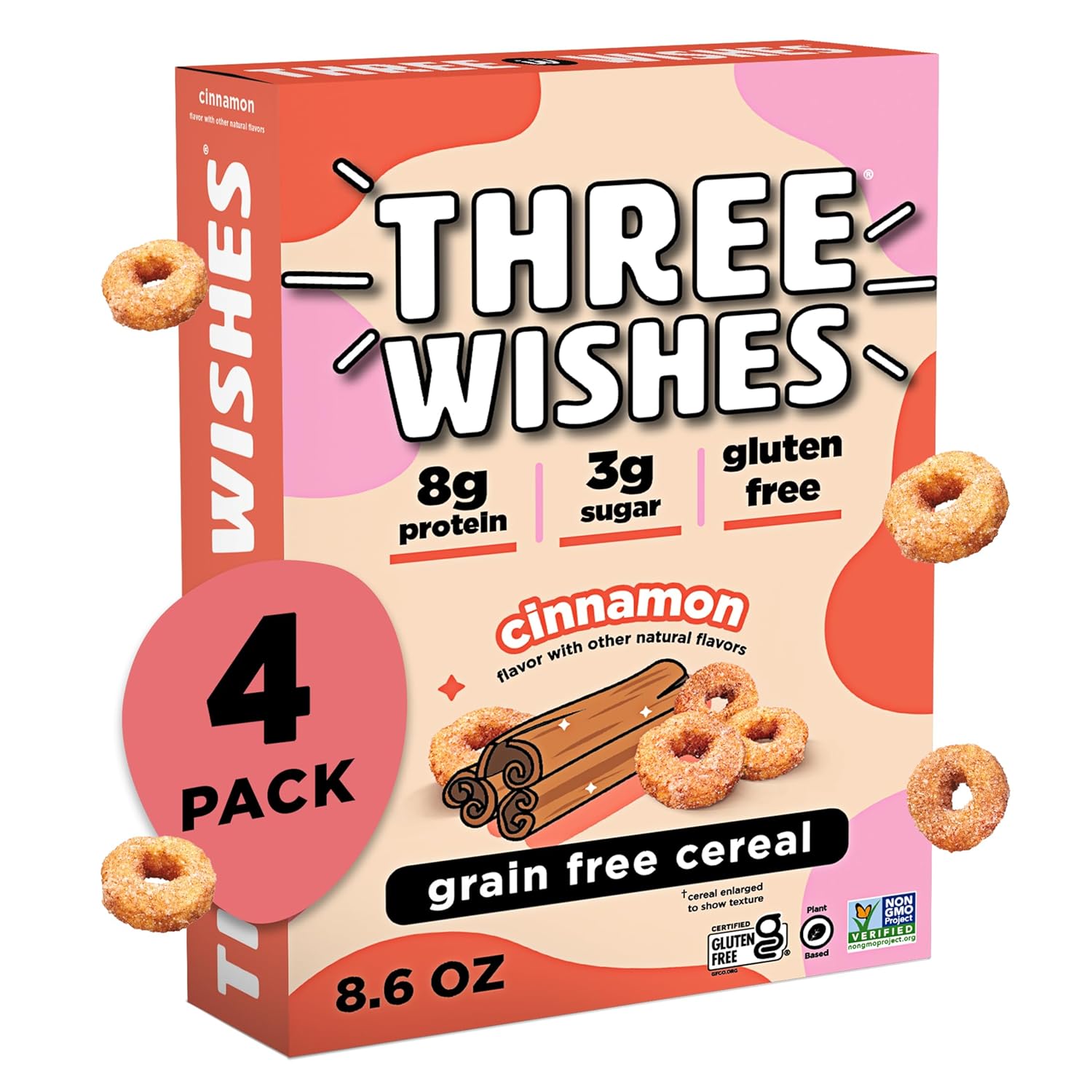Three Wishes Grain-Free & Protein Cereal - Healthy, Low Sugar & Gluten-Free Breakfast Cereal - Low Carb, Plant-Based, Vegan & Non-GMO - Cinnamon, 4-Pack