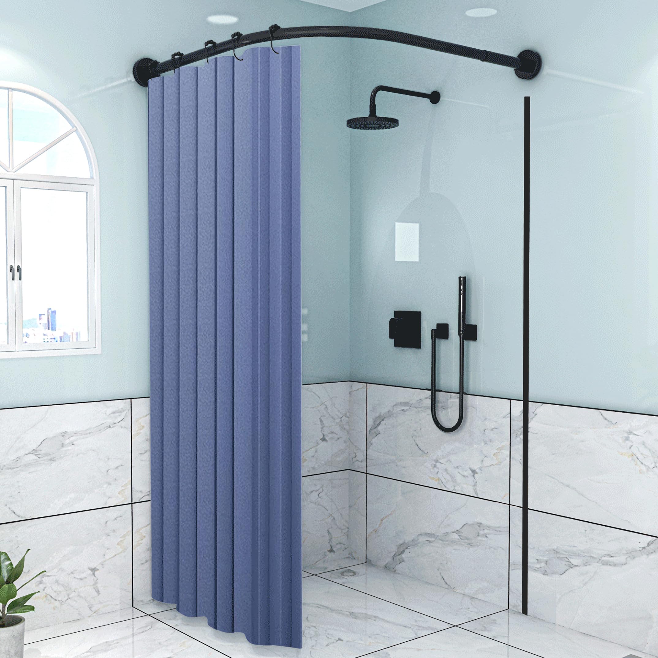 L Shaped Shower Curtain Rail, Adjustable Corner Shower Curtain Pole, Wall Mounted Curved Shower Rail Without Ceiling Support For Bathroom Bathtubs, No Drilling,(Size:B 70-95cm x 90-130cm,Color:Black)