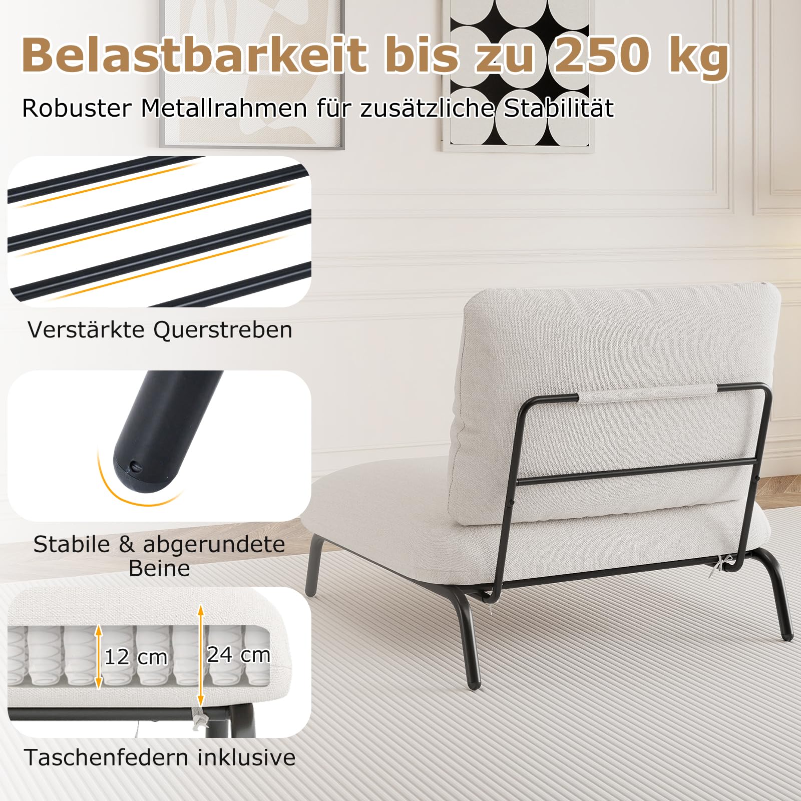 COSTWAY Loungesessel, Polsterstuhl mit extra breitem & tiefem Sitz, Relaxsessel belastbar bis 250 kg, Sessel für Wohnzimmer, Schlafzimmer, Büro, 92 x 97 x 82 cm (Beige)